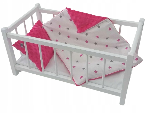 ŁÓŻECZKO DLA LALEK BIAŁE, DREWNIANE Z POŚCIELĄ