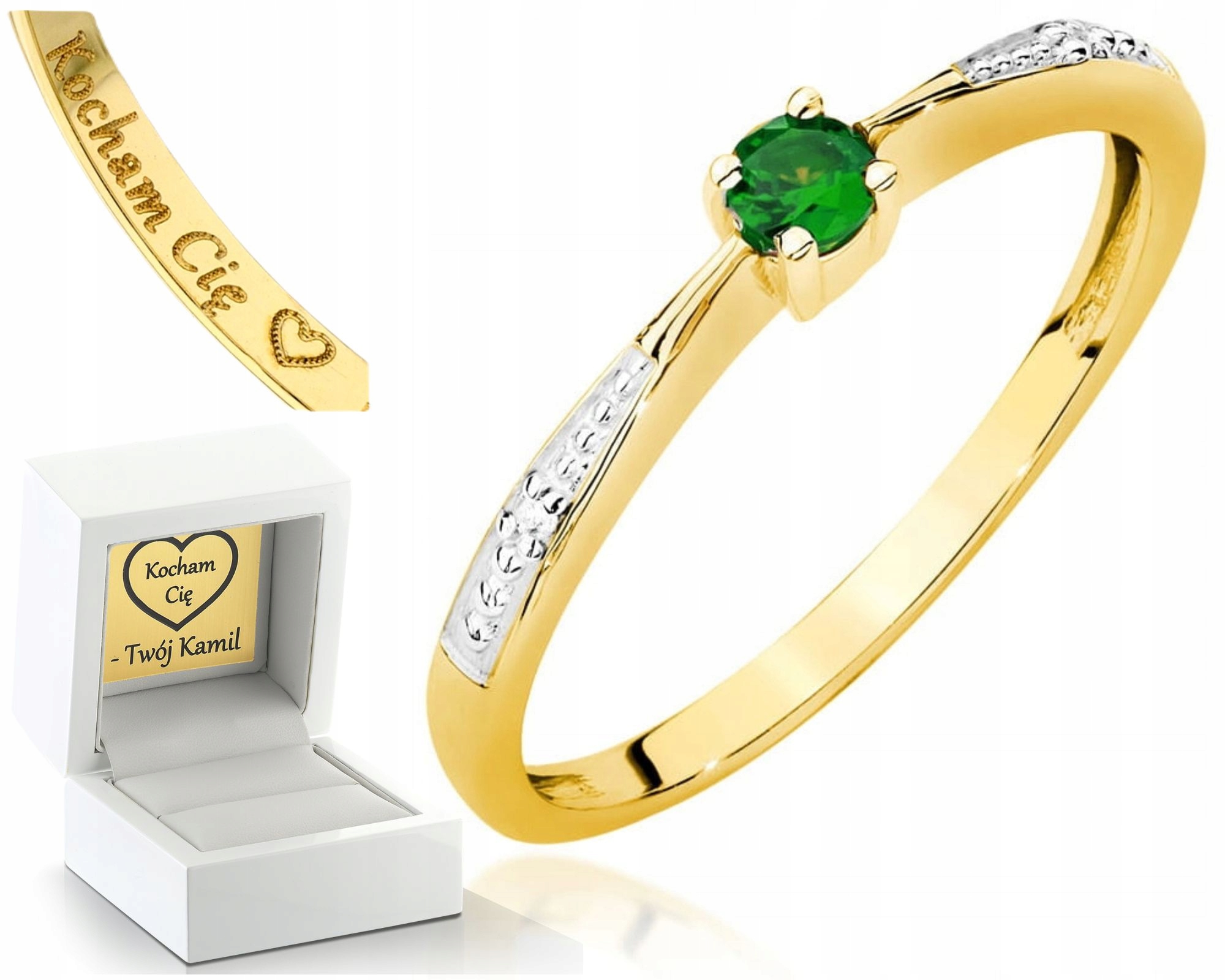 Prstýnek Prsten Ze Žlutého Smaragd S Diamanty A Smaragdem, Gravírování 585, Dárek