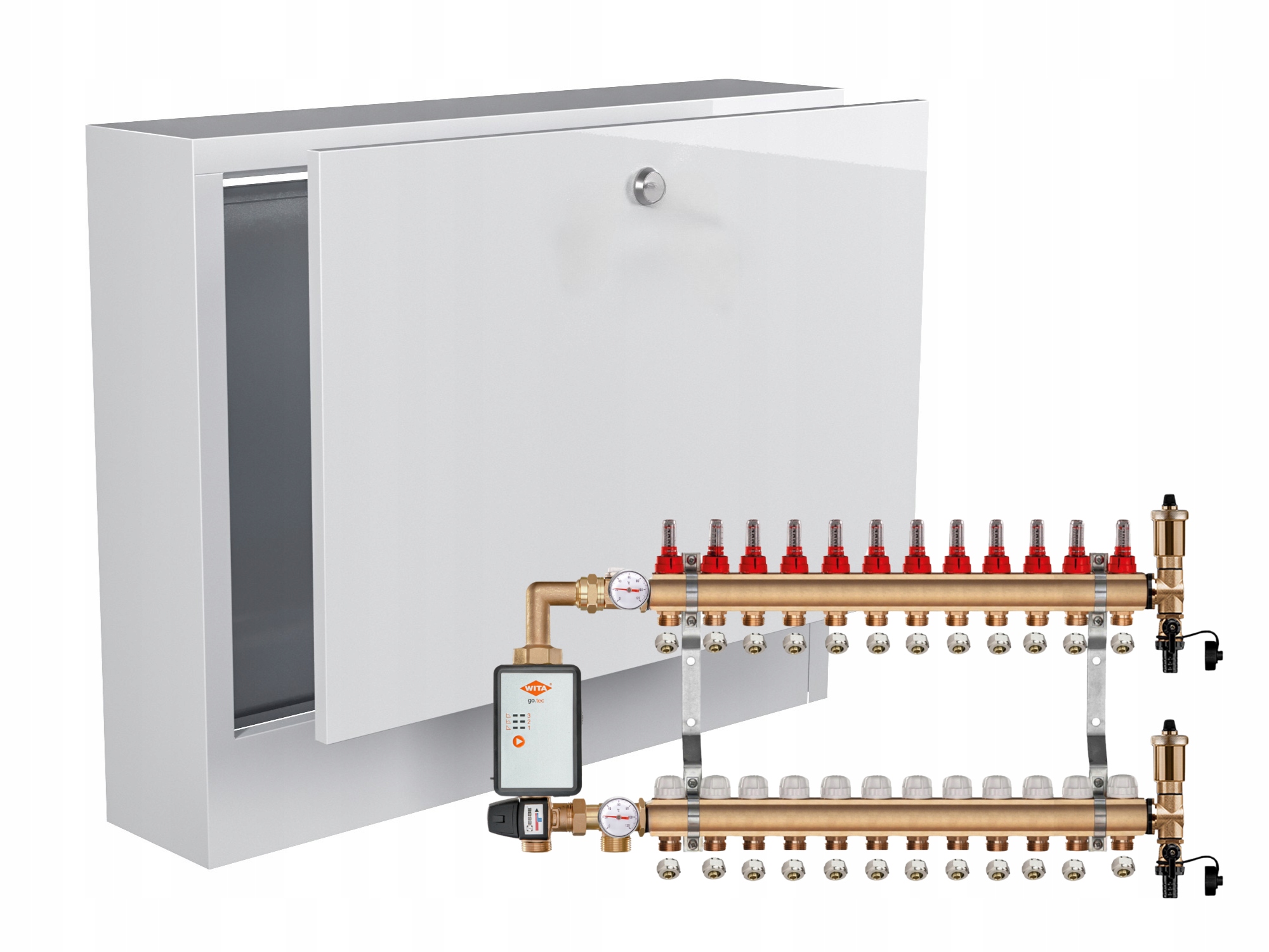 Mosazný Rozdělovač Podlahovky 12+ČERPADLO Vítá Go.tec+nástěnná Skříňka+pex
