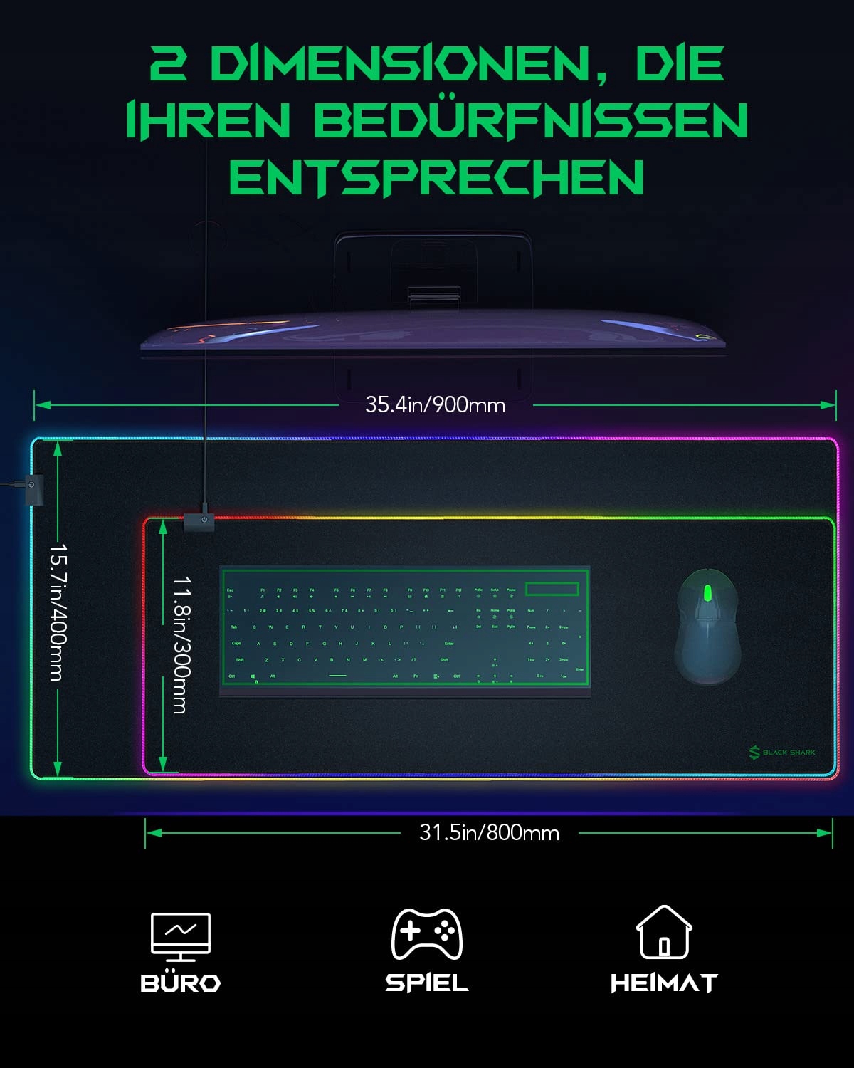 BLACK SHARK Podkładka Gamingowa XXL 900x400 mm LED 11 Trybów Antypoślizgowa — miniatura 2