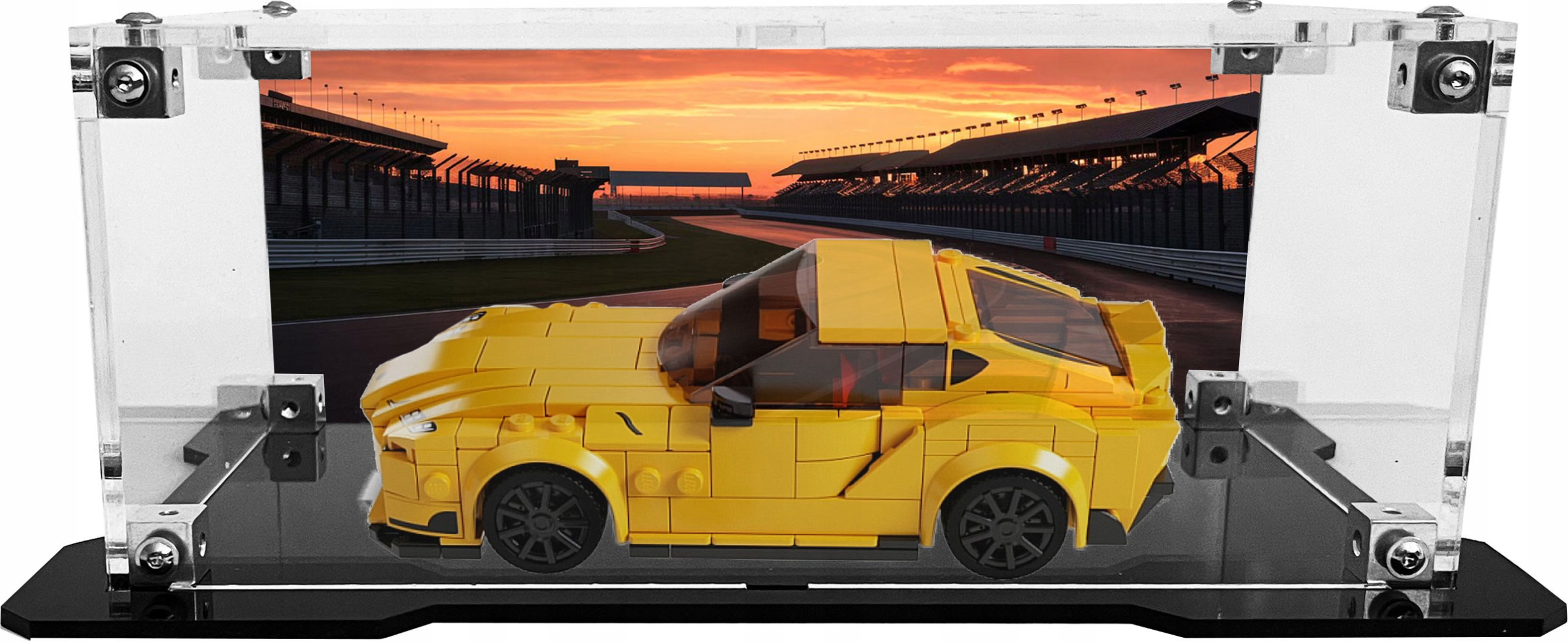 Vitrína s černou základnou a pozadím pro sadu Lego 76901 Toyota Gr Supra
