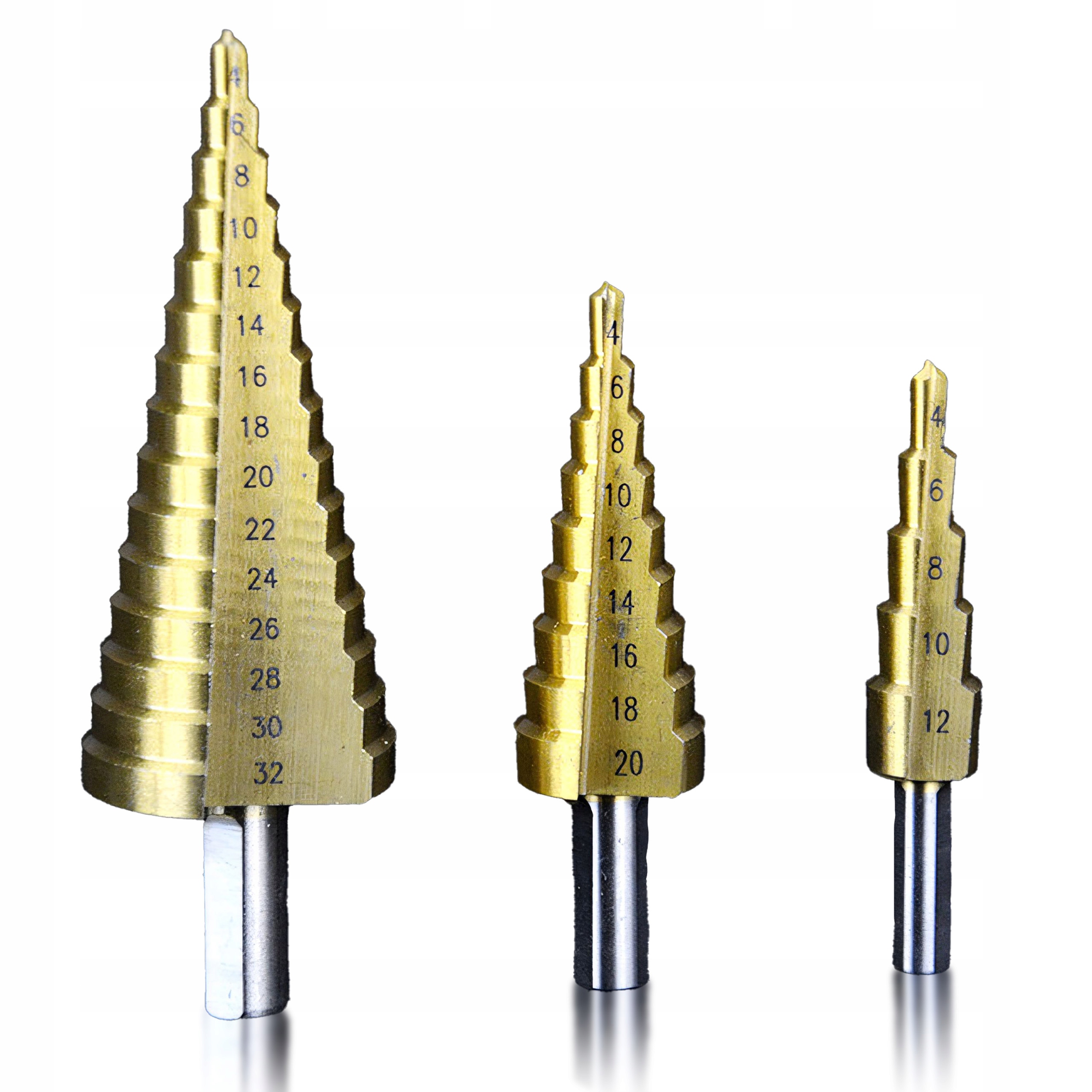 WIERTŁA STOŻKOWE STOPNIOWE 4-32MM ZESTAW WIERTŁO HSS DO METALU 3 SZTUKI Kod producenta Wiertła stożkowe O858