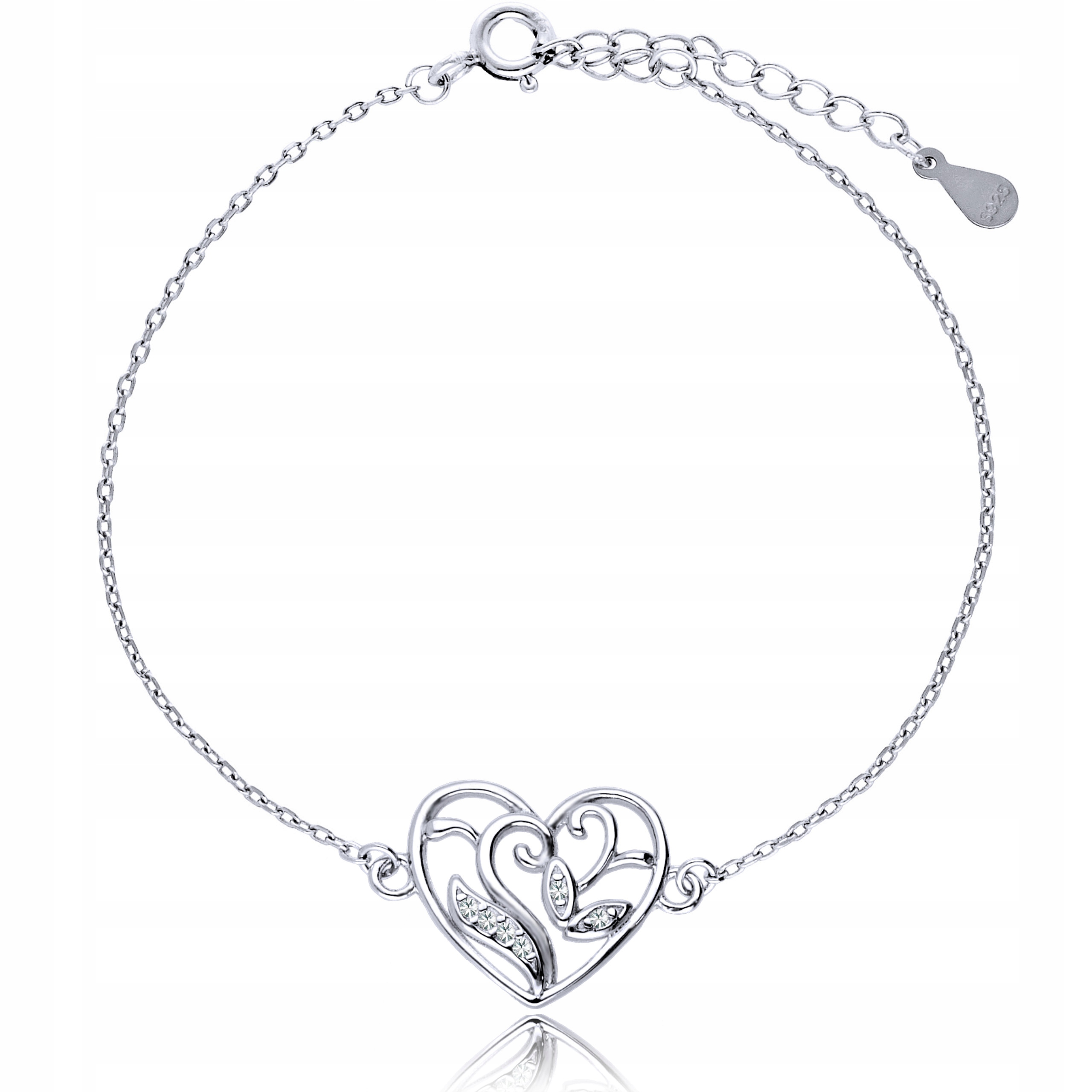 Bransoletka Srebrna Srebro 925 Serce Ażurowe Serduszko w listki