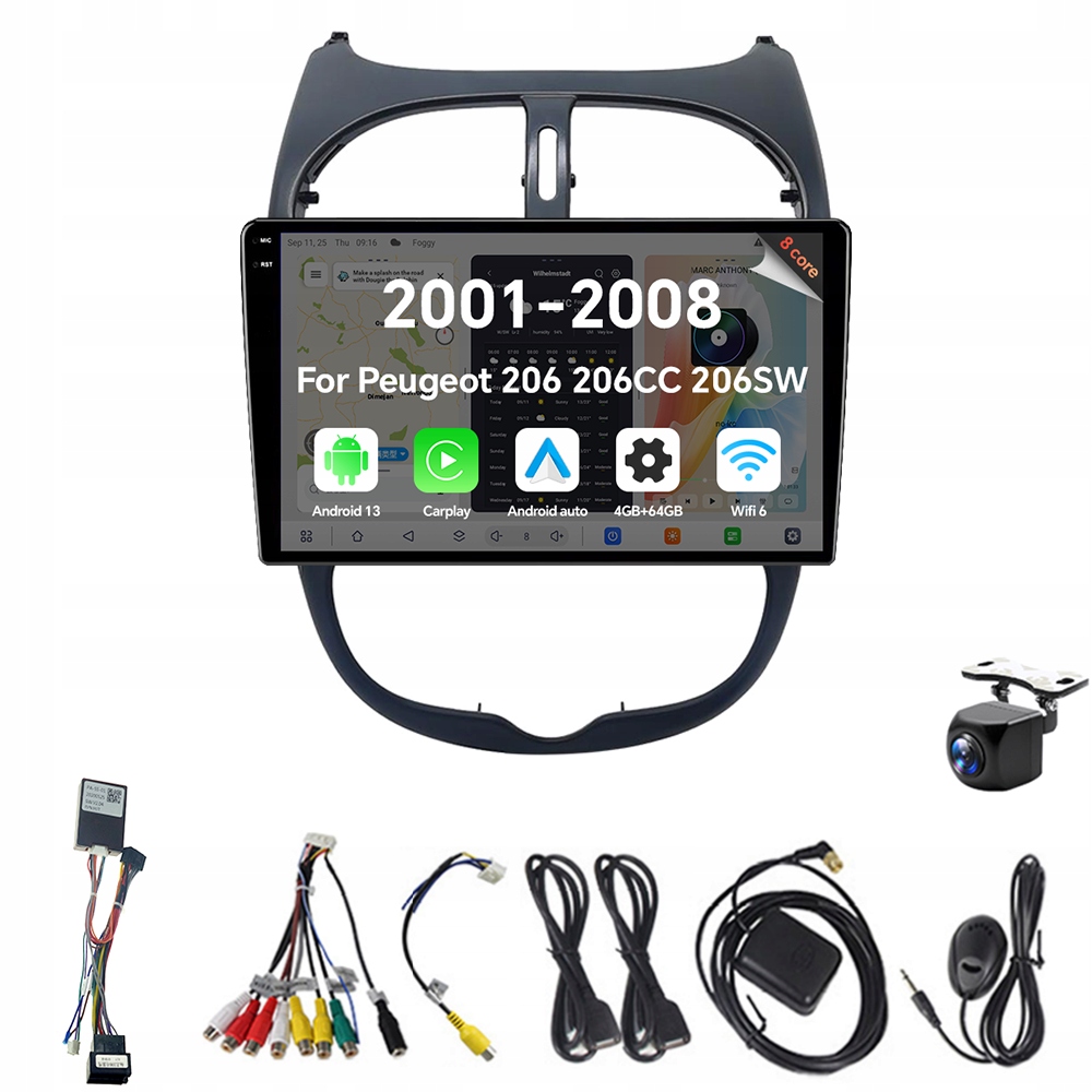 2Din Android 13 autorádio pro Peugeot 206 206CC 206SW 2001-2008 4G 64G Gps