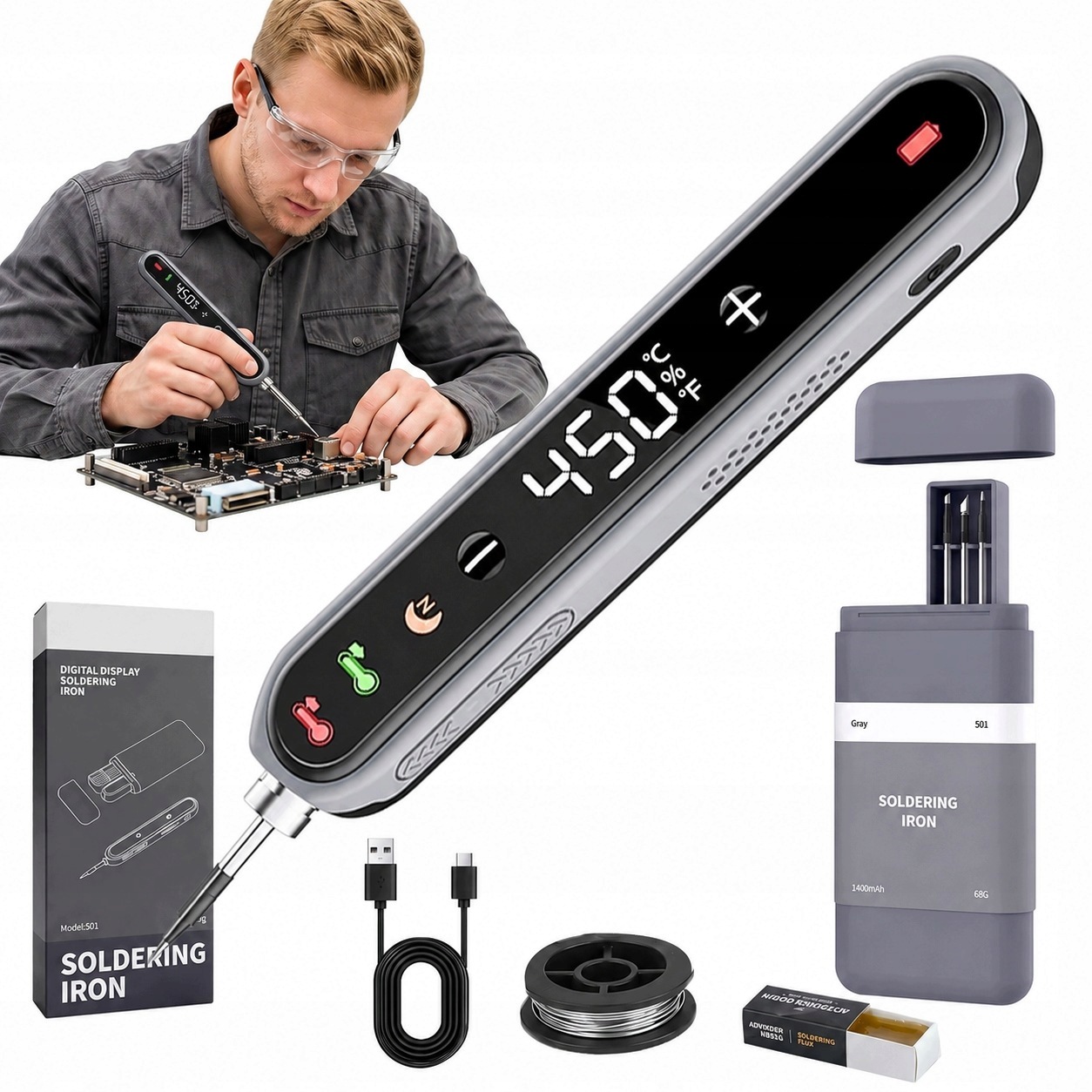 Akumulátorová Elektrická Páječka 15W 180-450°C 90MIN Provozu Usb-c
