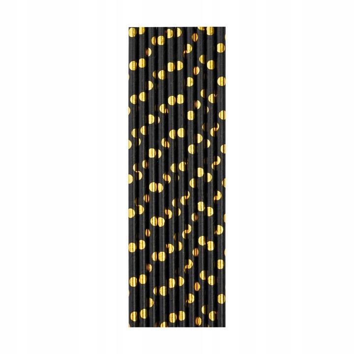 Słomki rurki papierowe czarne w kropki złote 10szt