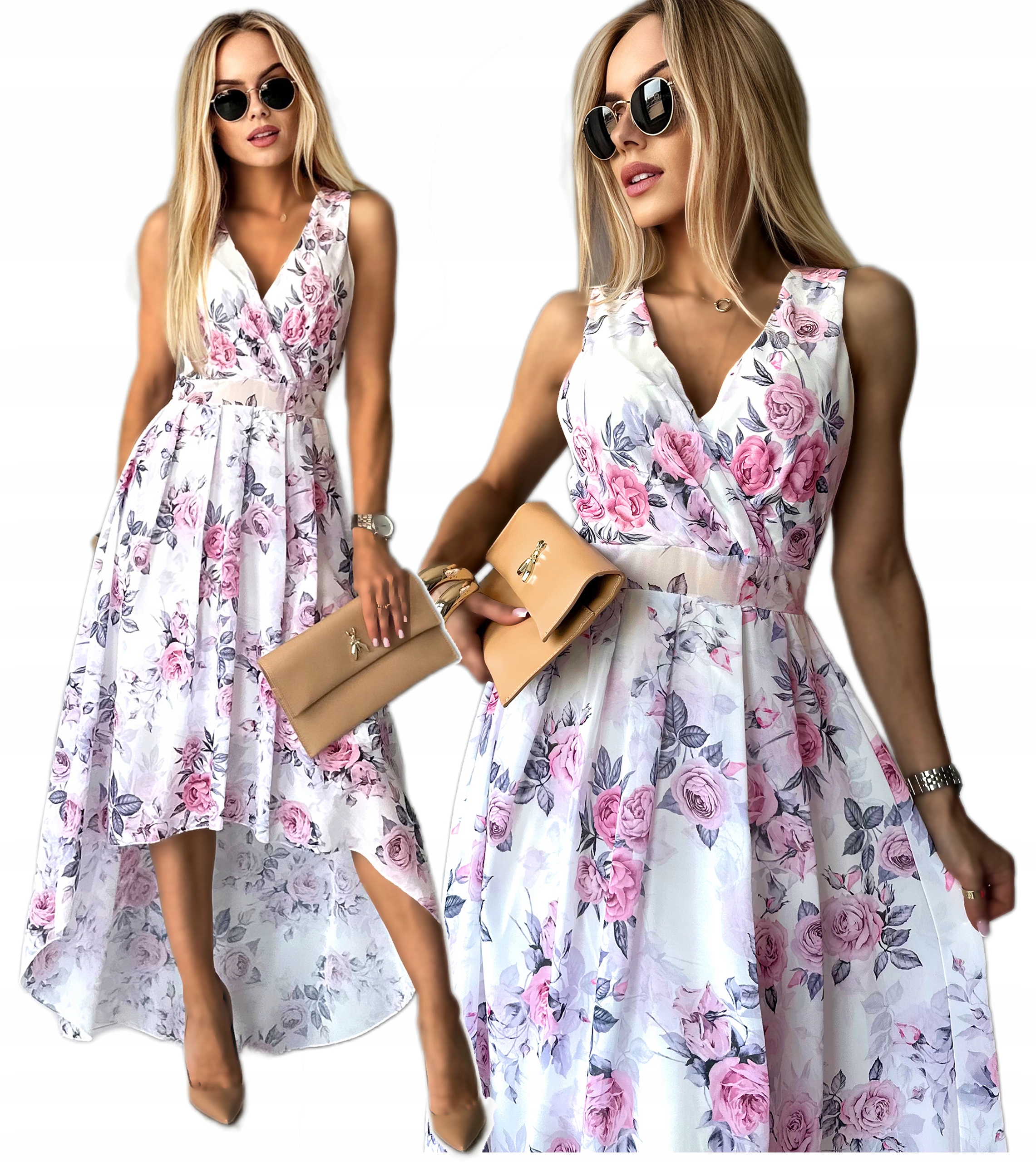 Wizytowa Sukienka Damska zwiewna szyfonowa z podszewką kwiaty wesele Aspen