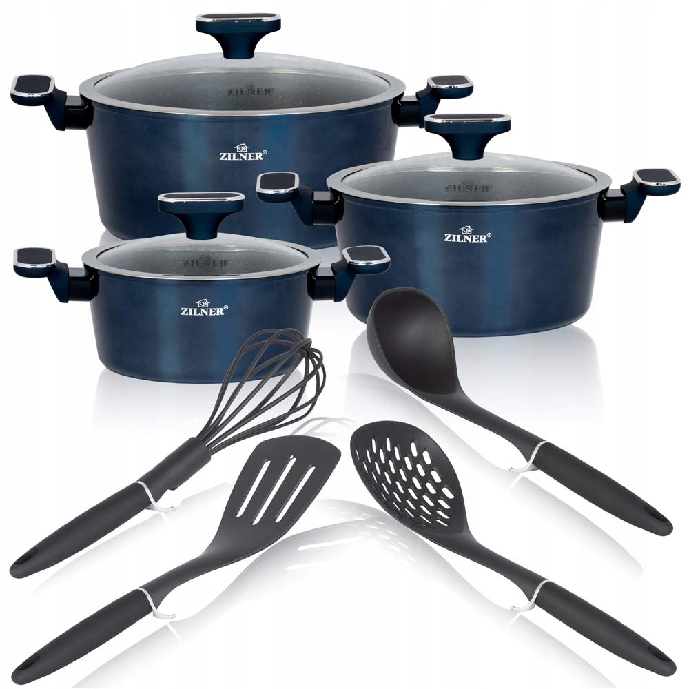 Súprava hrncov Zilner Zl 8594, modrá, 10 kusov, mramorová, s príslušenstvom