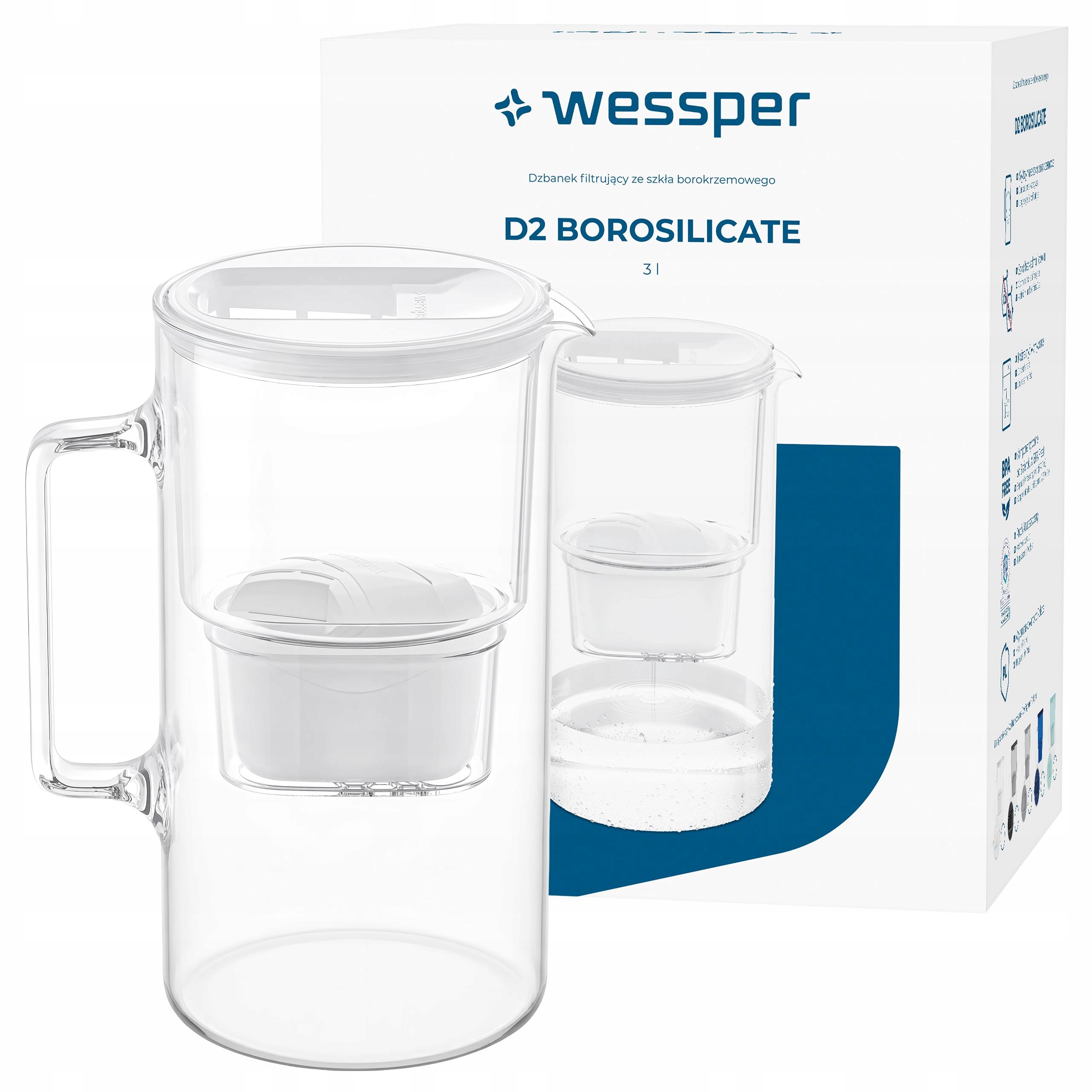 Dzbanek filtrujący szklany Wessper D2 Borosilicate 3l biały 1x filtr