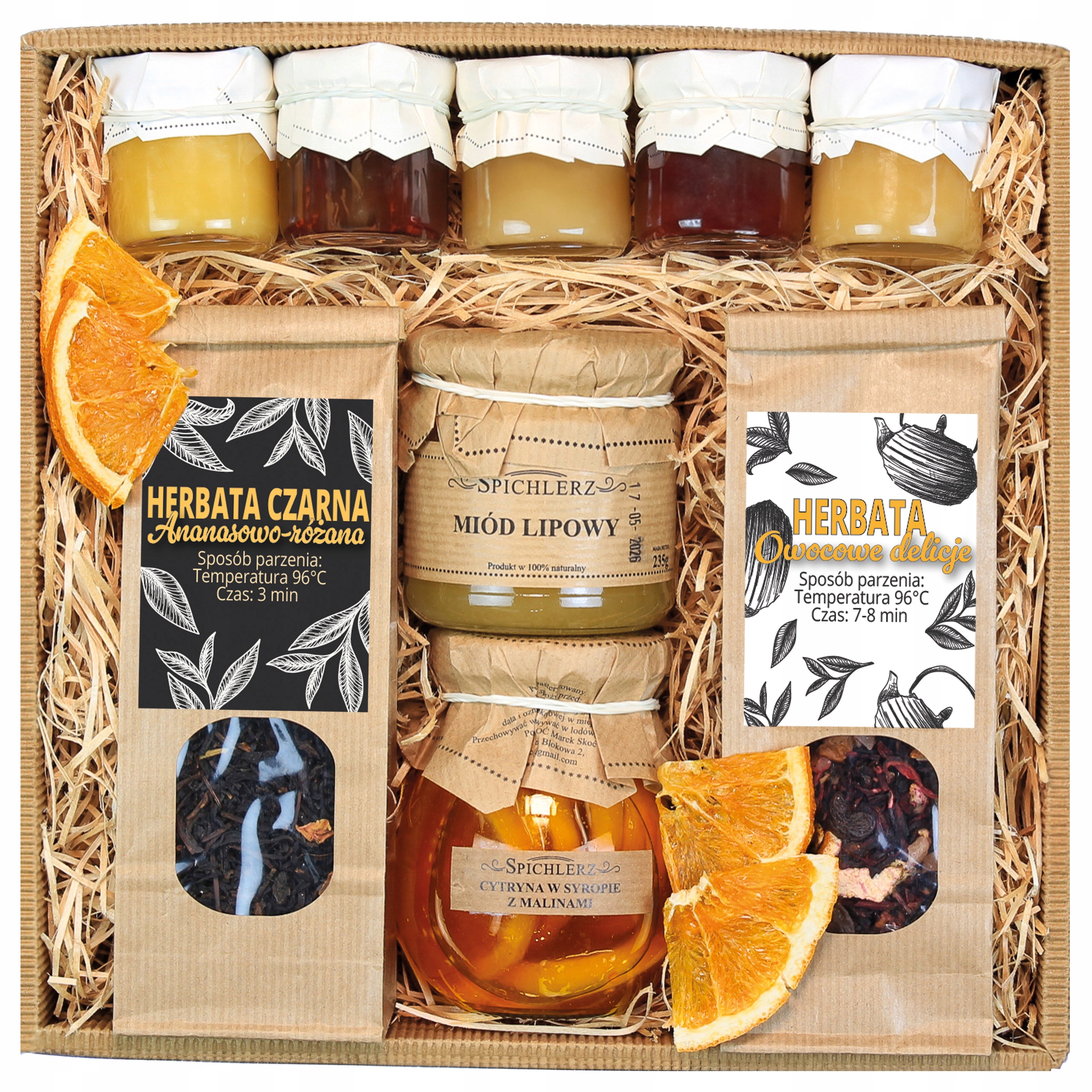 Kosz Prezentowy Zestaw Miodów Box Dla Niej Żony Herbata Cytrynki Naturalny