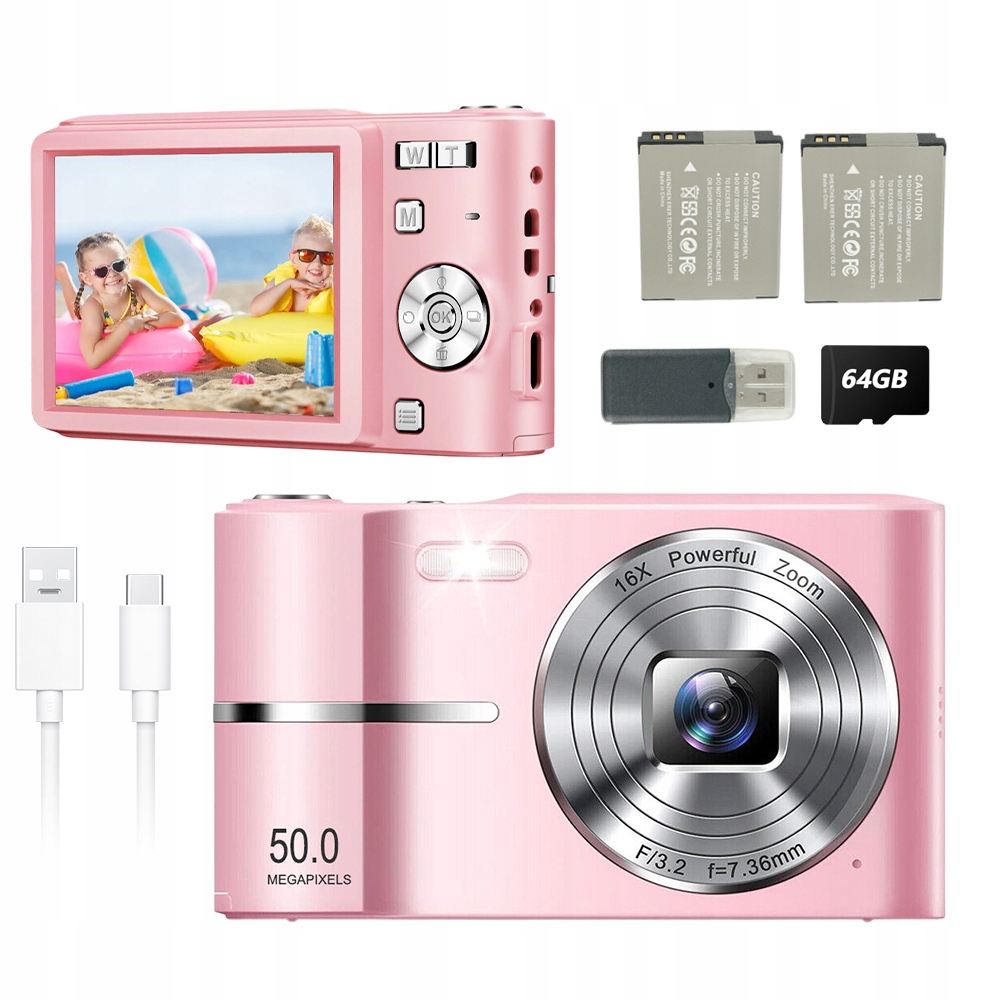 Aparat Cyfrowy Hd 1080P 50MP 16X Zoom Z 2*700 Mah Aku I 64 Gb Kartą Różowy