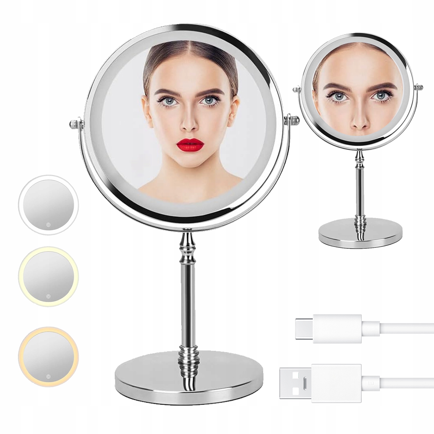 Make-up Zrcátko S Oboustranným Podsvícením 360° 3 Barvy Světla