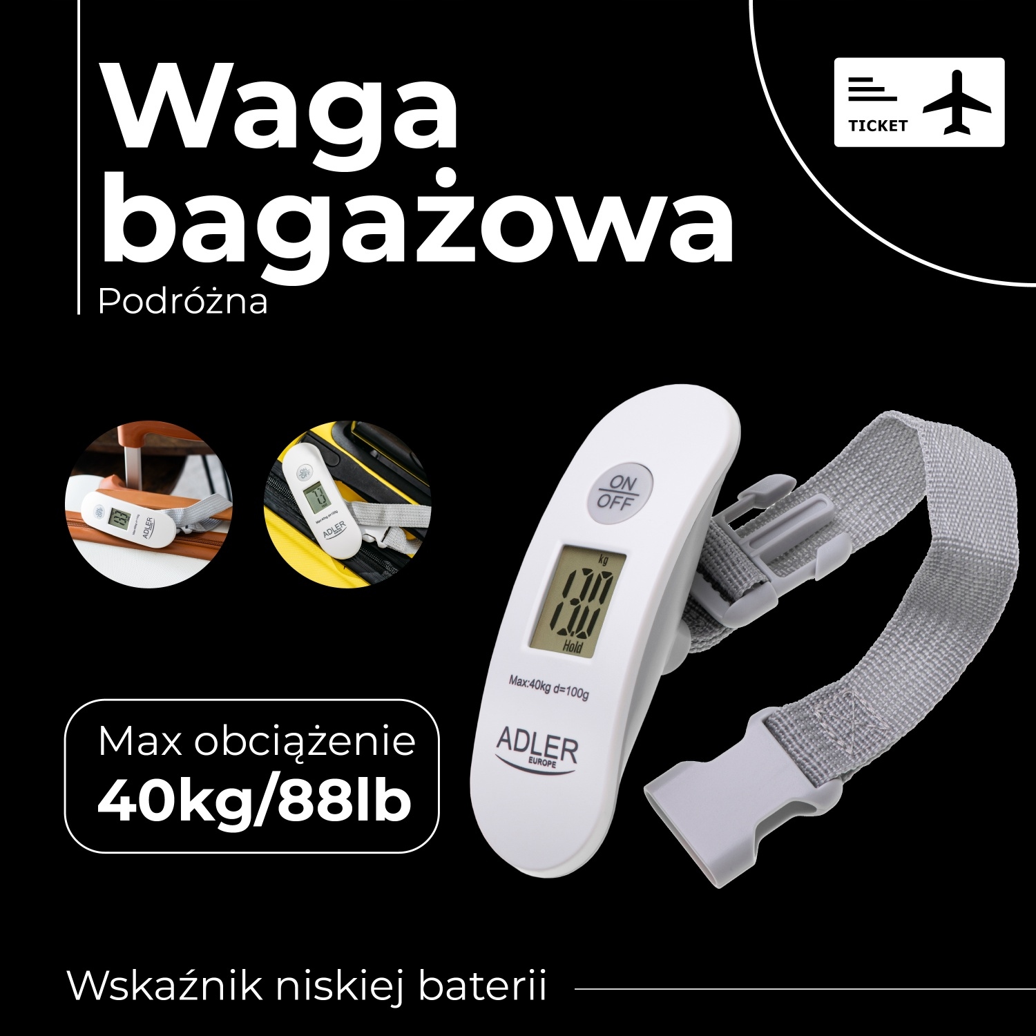 Waga Bagażowa Podróżna Adler AD 8189 40kg Dokładna LCD Kompaktowa