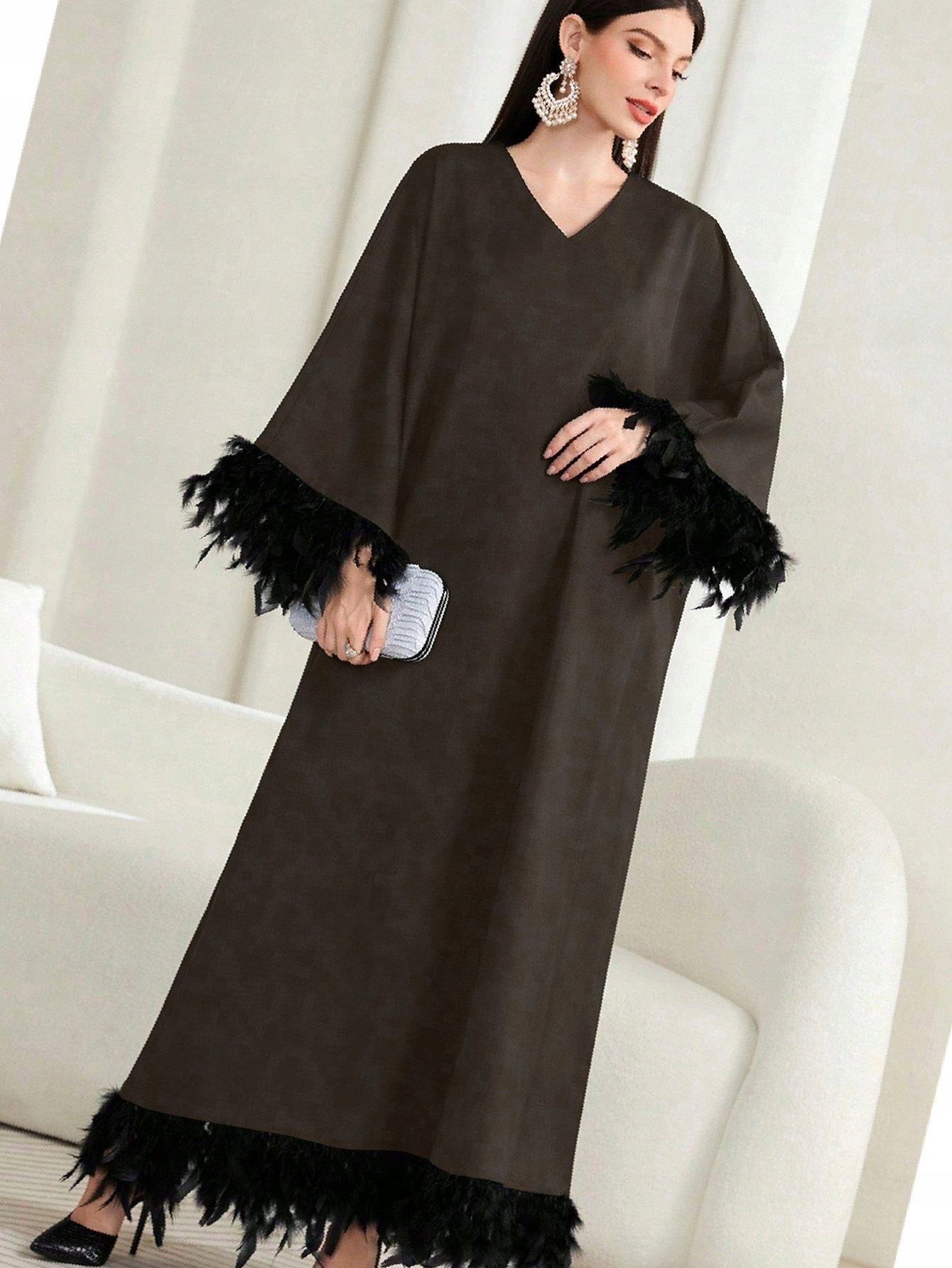 Šaty Dlouhá Abaja Hnědá Zdobená Tunikou Perami S 36