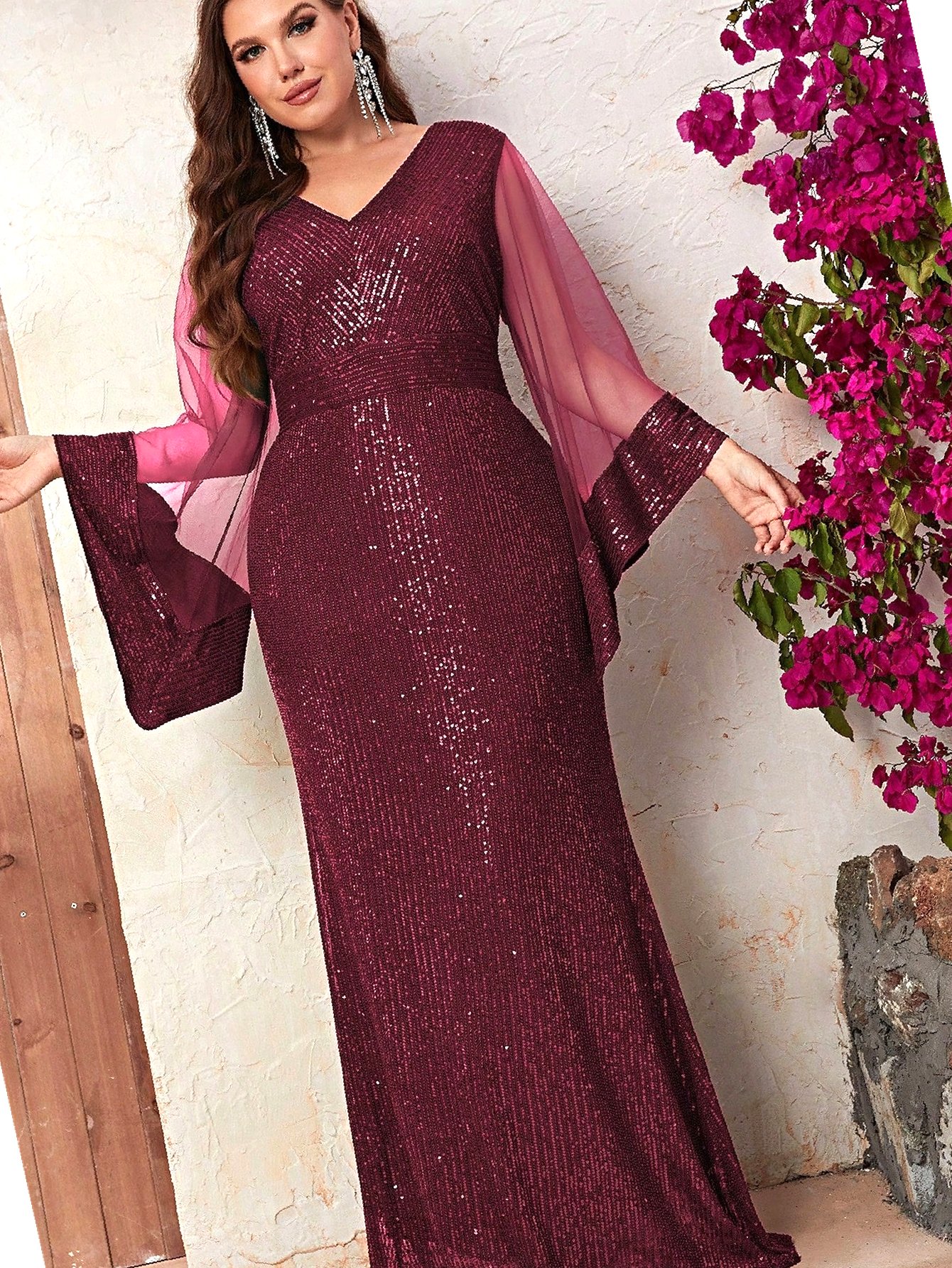 Šaty Flitrová Maxi Bordó s výstřihem do V Večerní 4XL 48