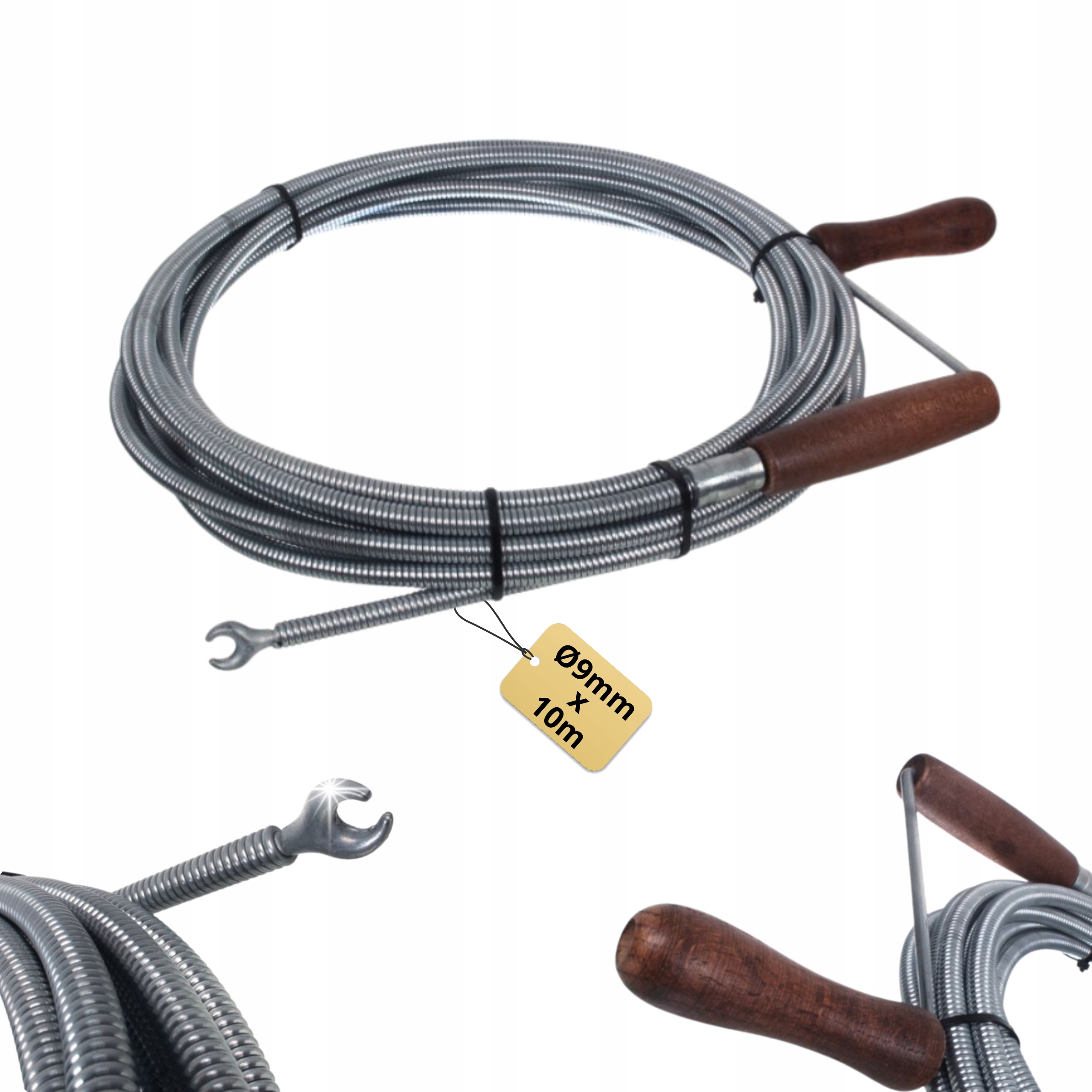 Spirála Zmijka Kanalizační pružina pro trubky 10 m Ø9 mm s dřevěnou rukojetí