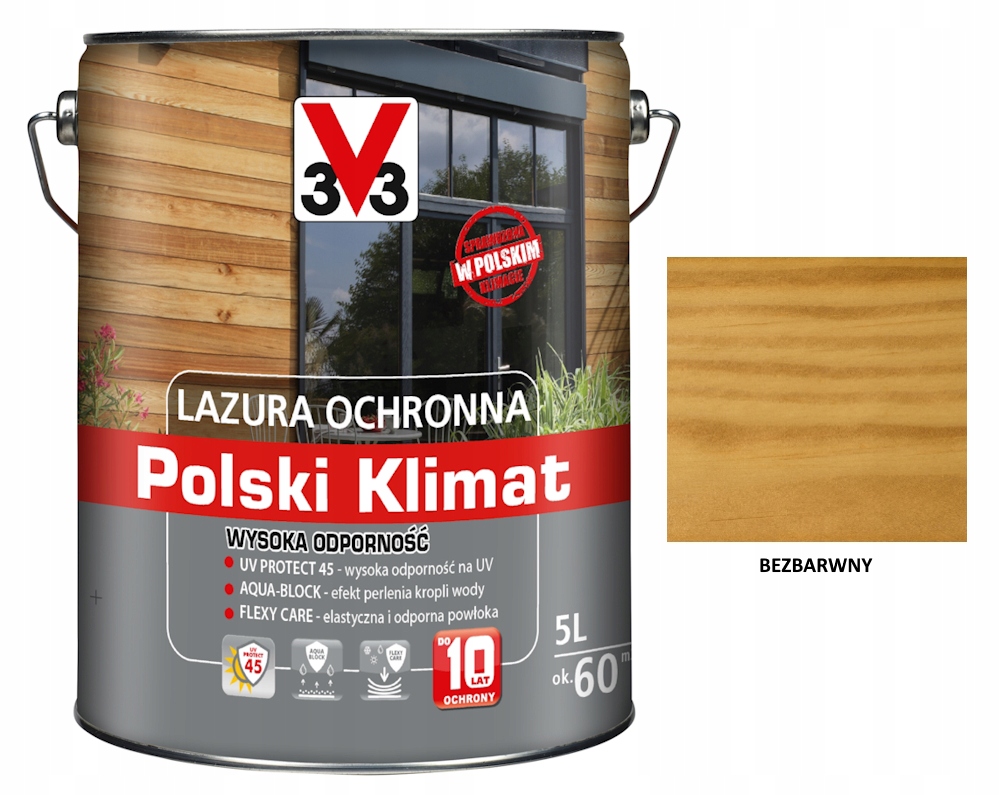 Lazúra V33 Poľský Klíma 10 rokov 5 L odolná Bezfarebný satén