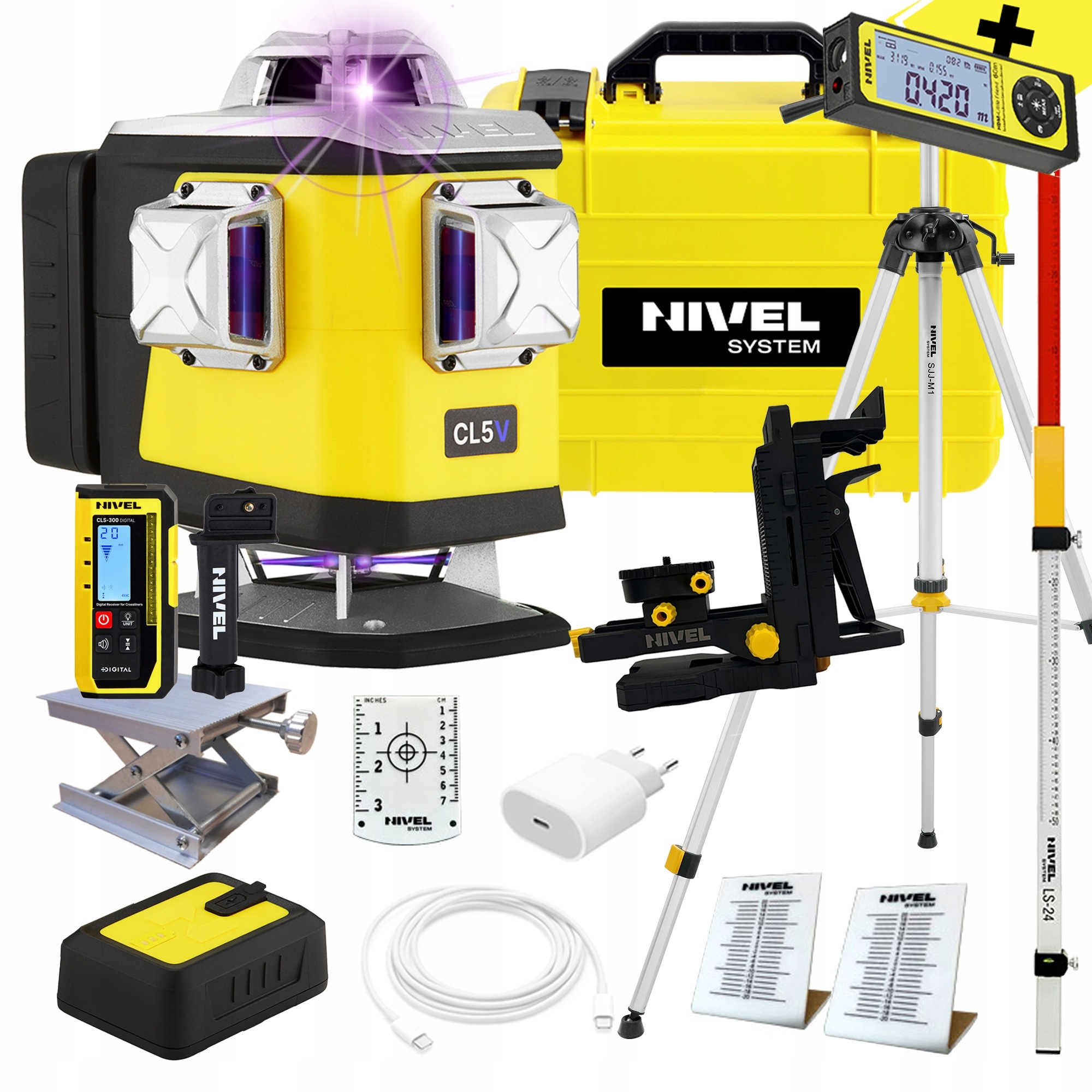 Nivel System CL5V Laser Krzyżowy Fioletowy+ Statyw+łata+ Czujnik+dalmierz