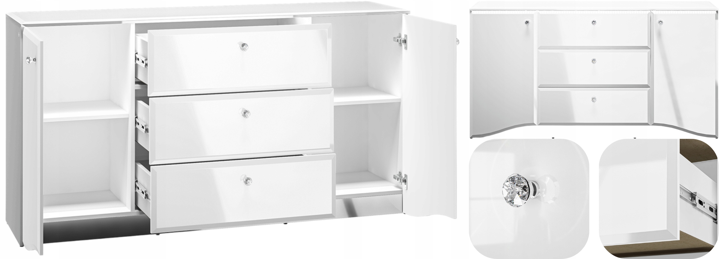 Komoda do Salonu Sypialni Biała 3 Szuflady 2 Drzwi Glamour 02 ML Meble