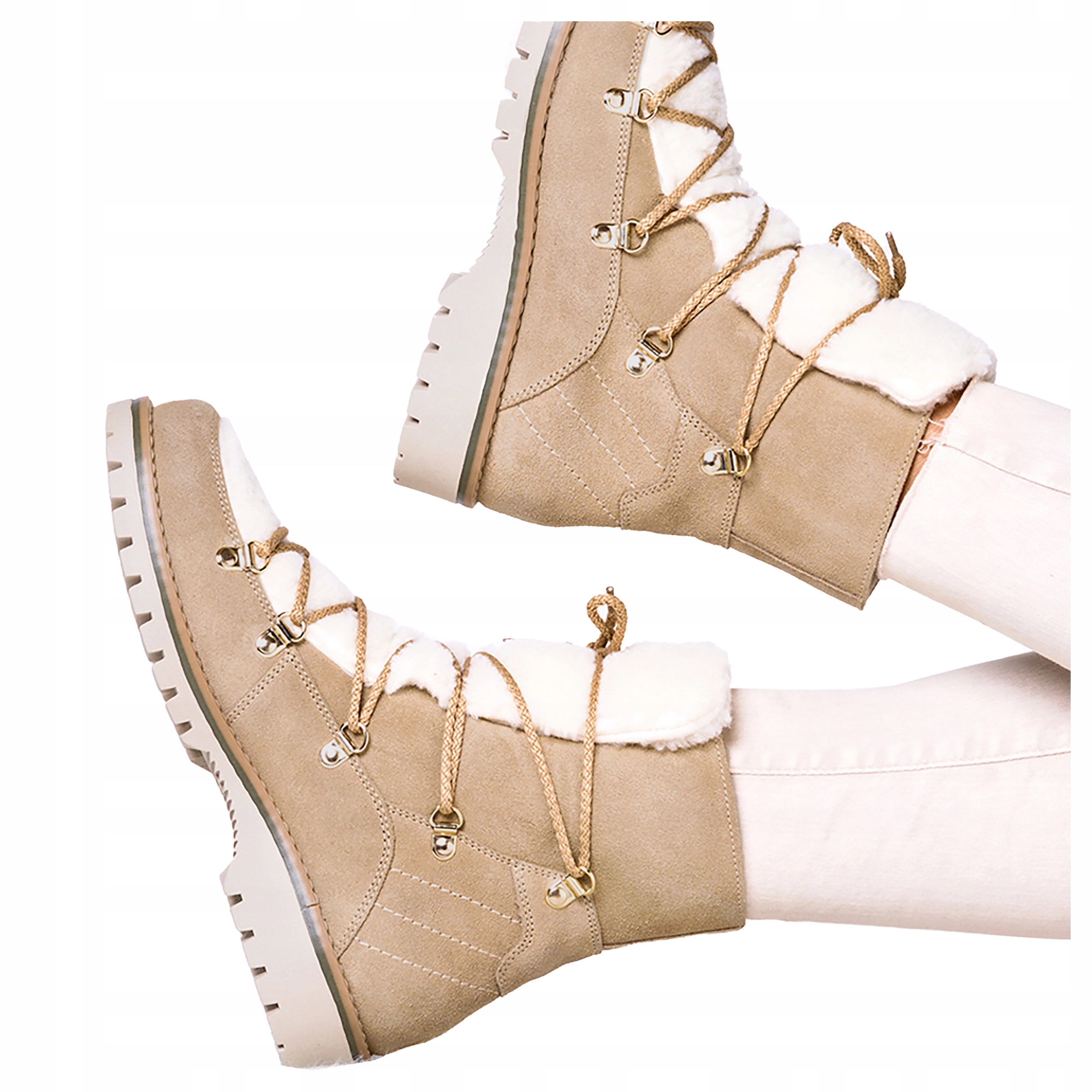 Sněhule Dámské Kotníkové Boty s kožíškem, béžové, Polský Výrobek, velikost 36