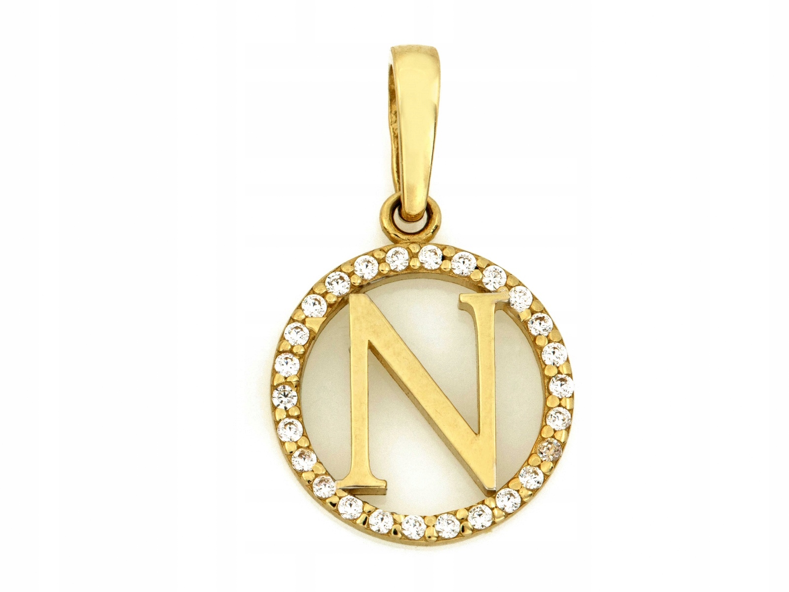 Přívěsek zlatý 585 kulatý s písmenem N Bílé zirkony abeceda 0.86 g písmeno