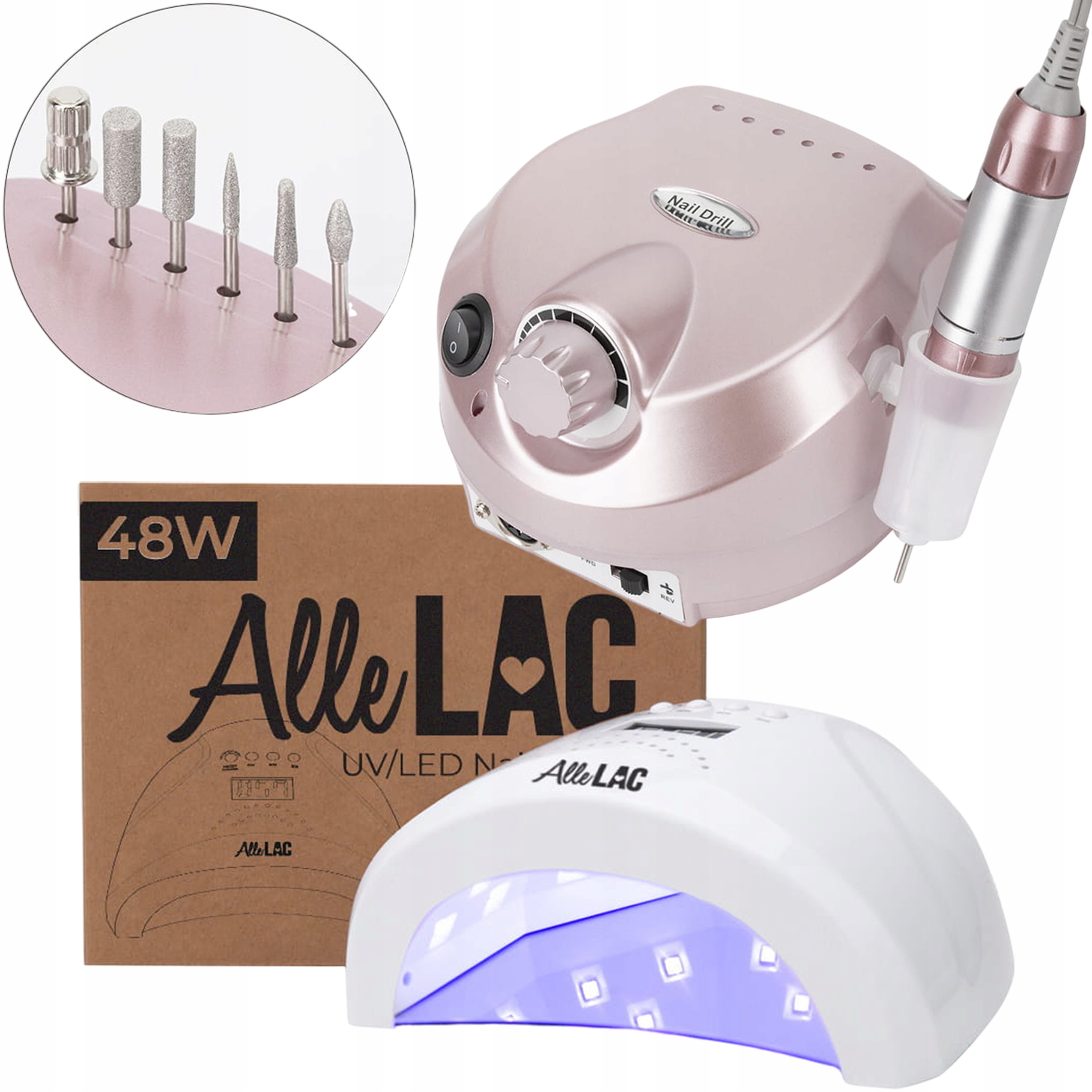 Sada na hybridní manikúru s Bruska 65W Led/uv lampa 1S Allelac 48W 2v1