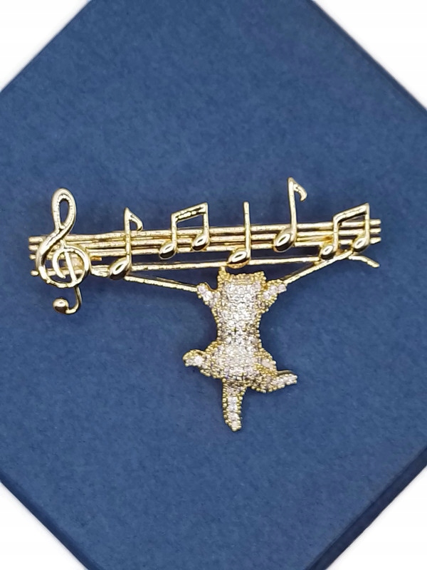 Luxusní Brož Kočka Noty Pětilinková Hudební Zlatá 14K Gp Krabička Dárek