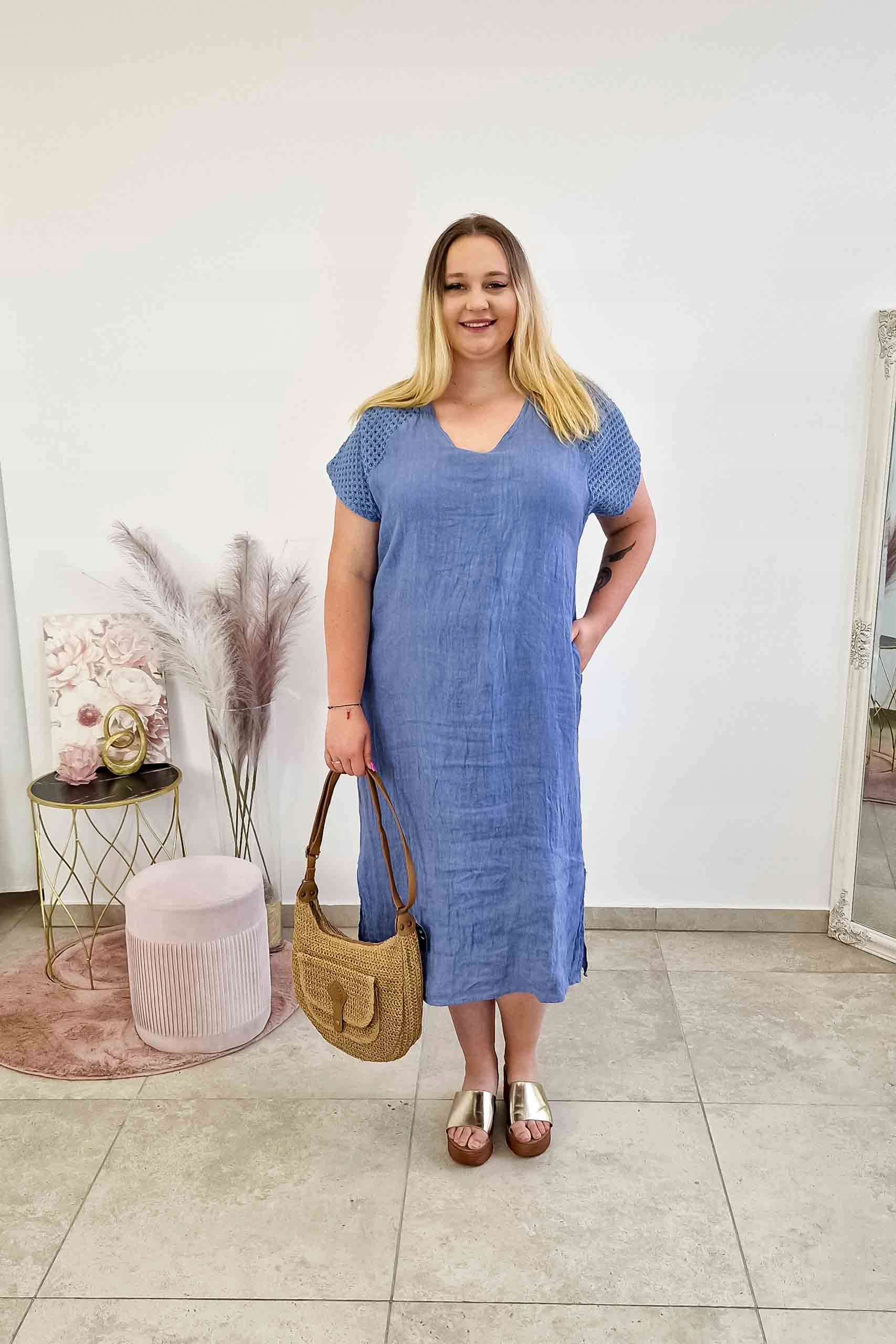 Lněná Šaty Maxi s výstřihem do V a zavazováním na zádech Modrá Uni