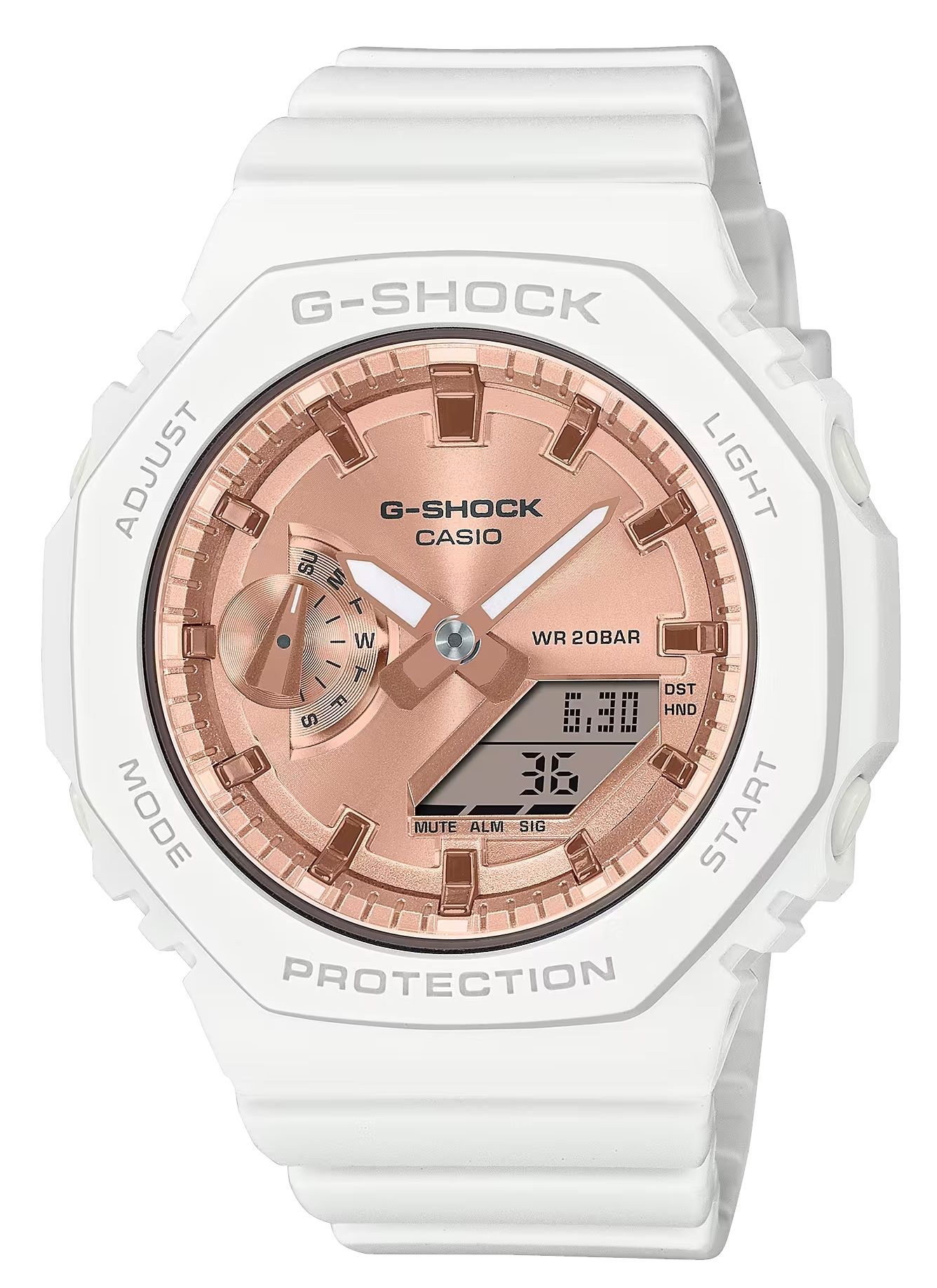 Malé dámské hodinky G-shock na bílém řemínku GMA-S2100MD Rose Gold Gravírování