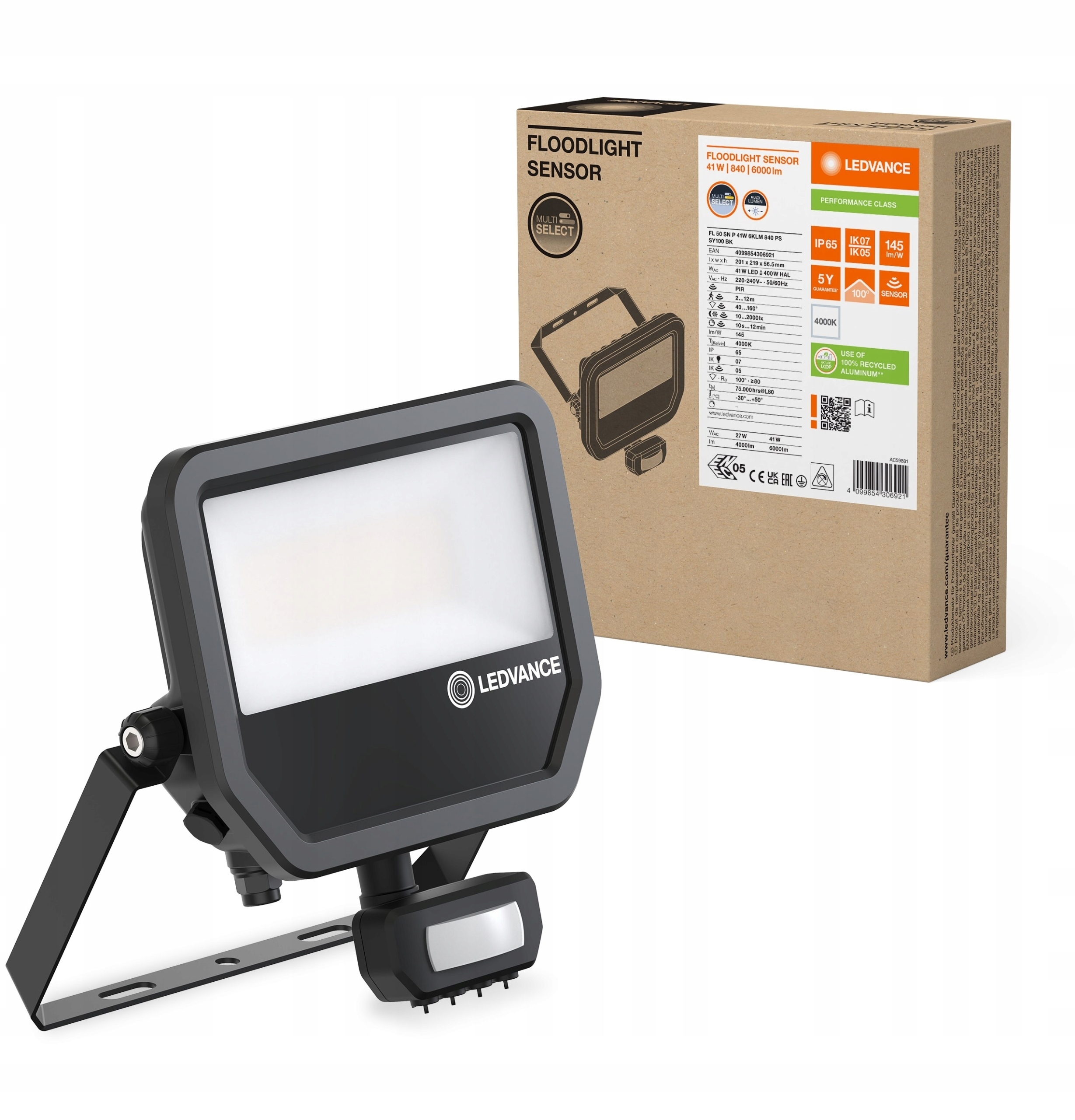 Osvětlovač Flood Fl 50 Sn P 41W 6KLM 840 Ps SY100 Bk 6000lm se senzorem