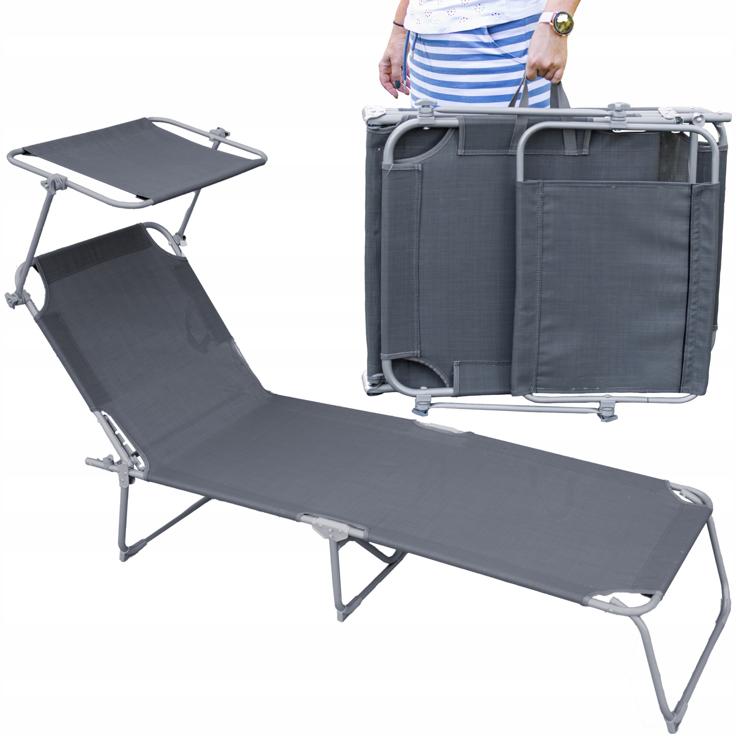 Składana Leżanka Ogrodowy Z Zadaszeniem Szary Stal Fotel Plażowy Leżak