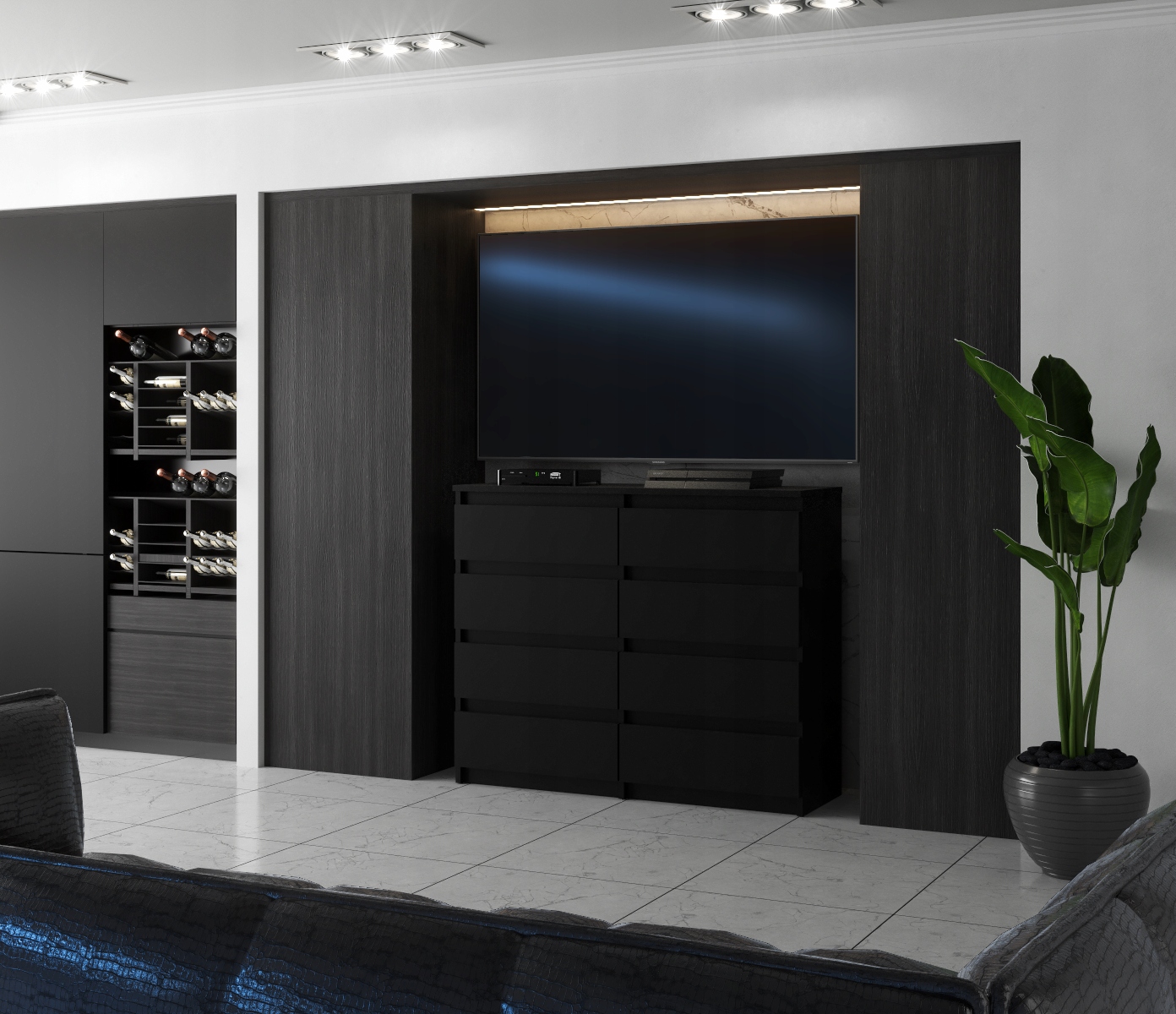 Duża Komoda Czarna z 8 Szufladami 120 CM Pojemna Szafka Rtv Meble Do Salonu Kolekcja HIT