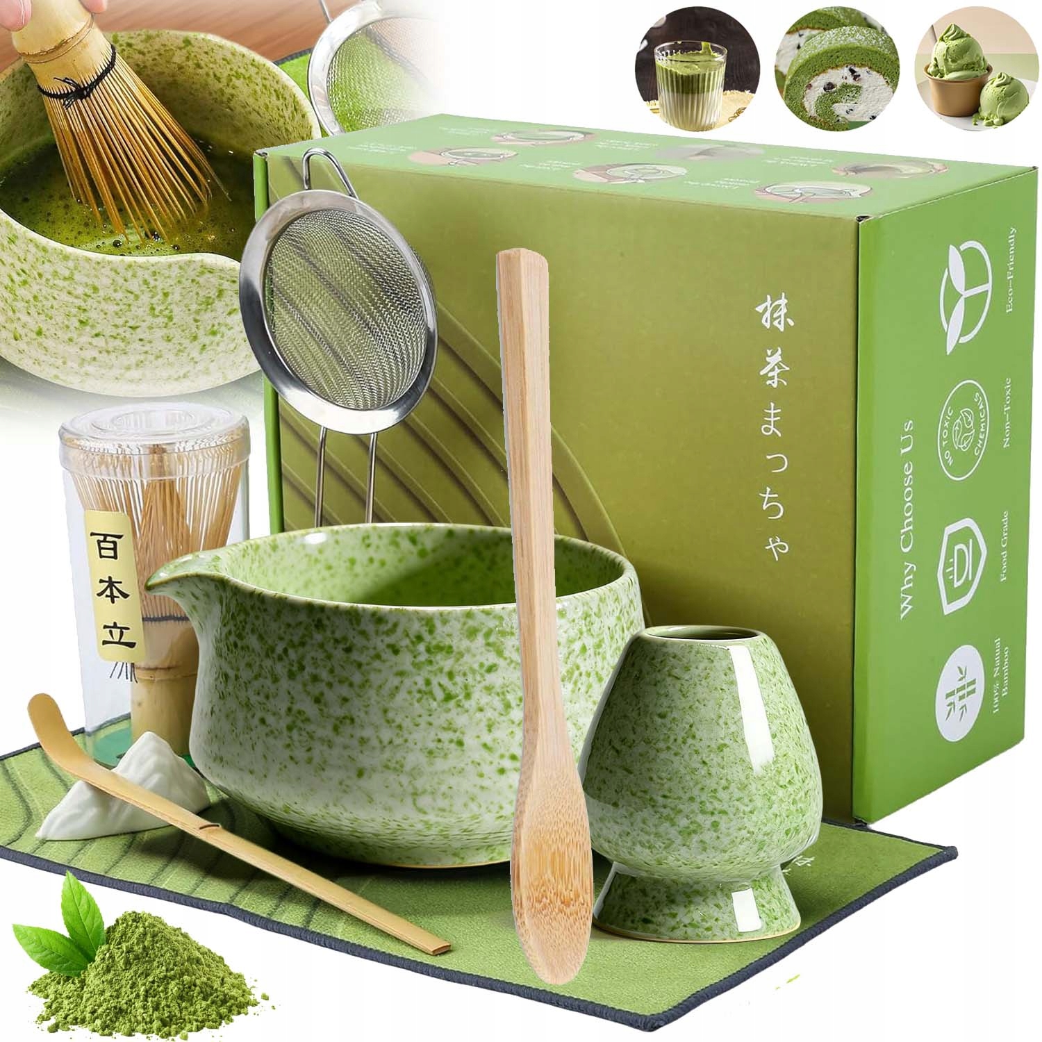 Zestaw Prezentowy Do Herbaty Matcha Miotełka Podstawka Łyżeczka 8W1