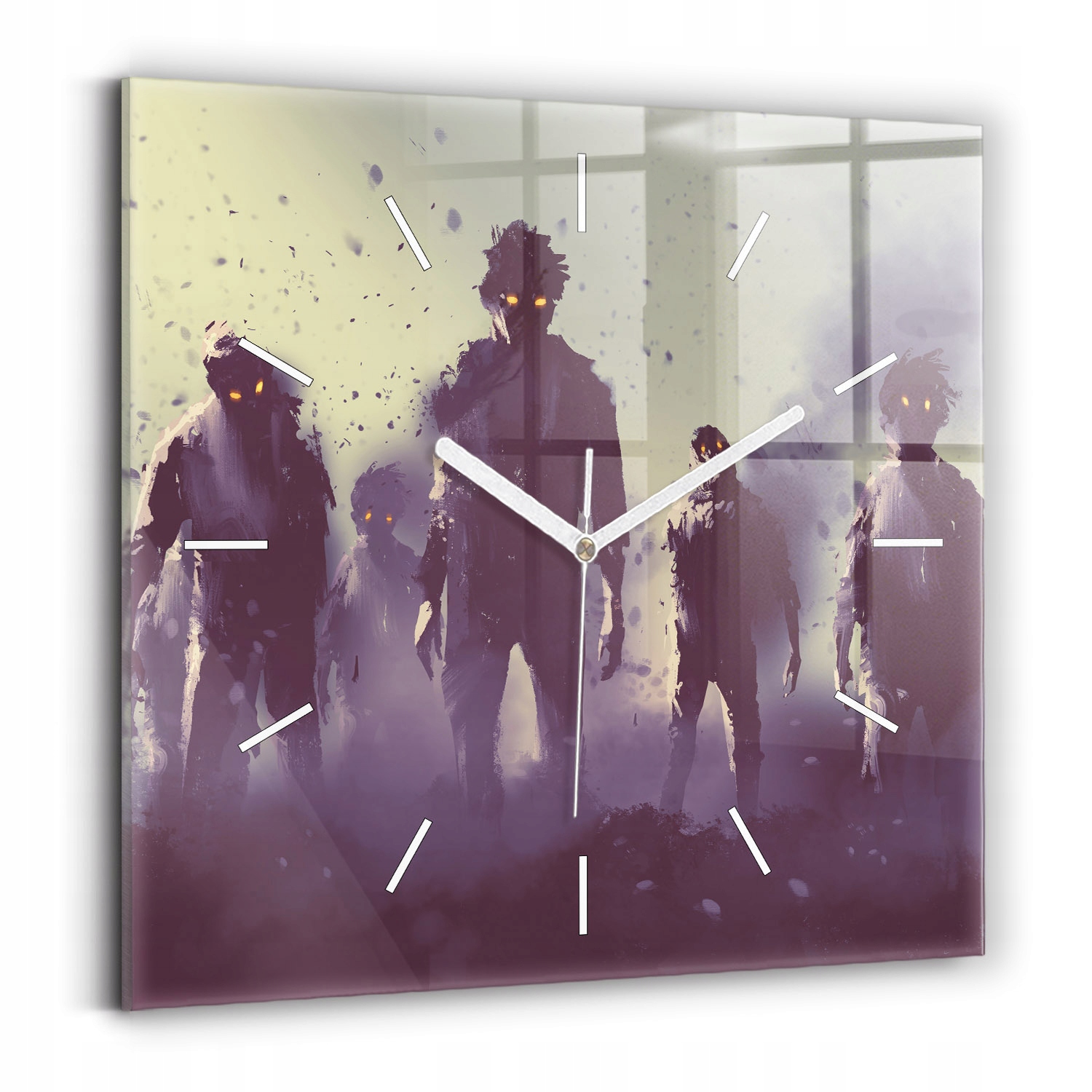 Skleněné nástěnné hodiny do kanceláře s grafikou Zombie v noci – Halloween 30 x 30 cm