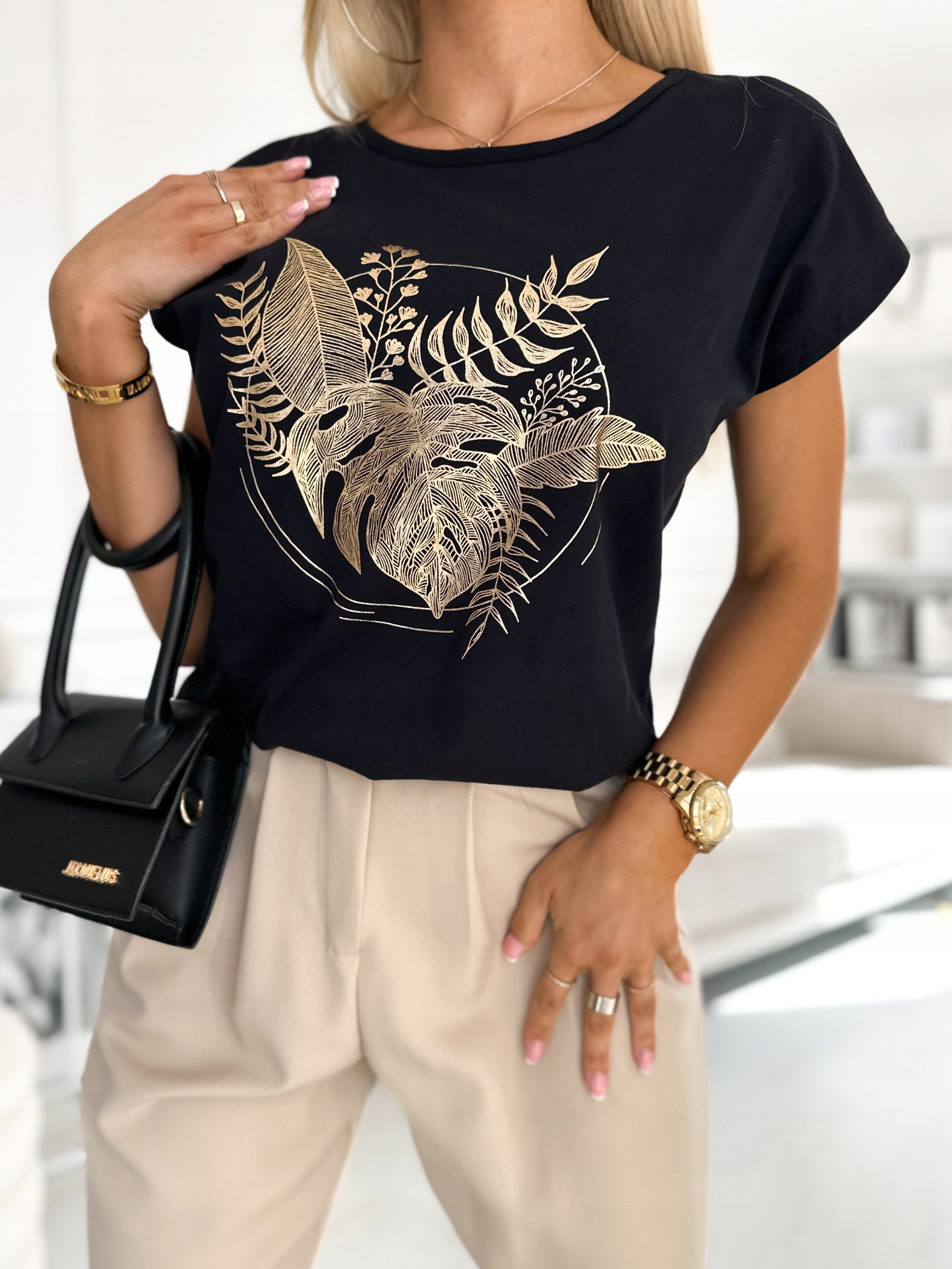 KOBIECA WYGODNA BLUZKA ZŁOTY PRINT Liście BAWEŁNA Kolor czarny