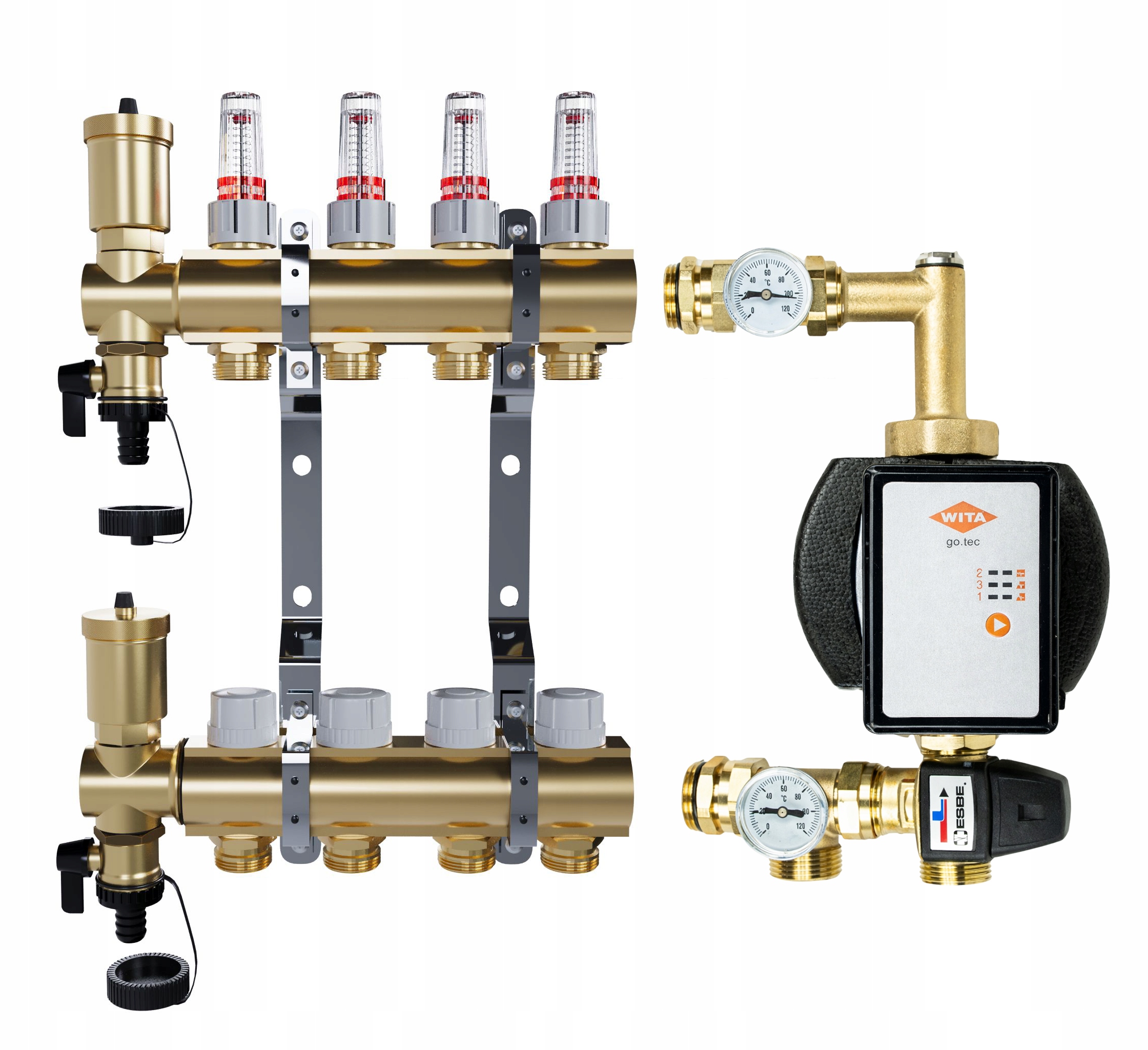 Rozdělovač pro podlahové topení 4 mosazné sekce Čerpadlo Wita