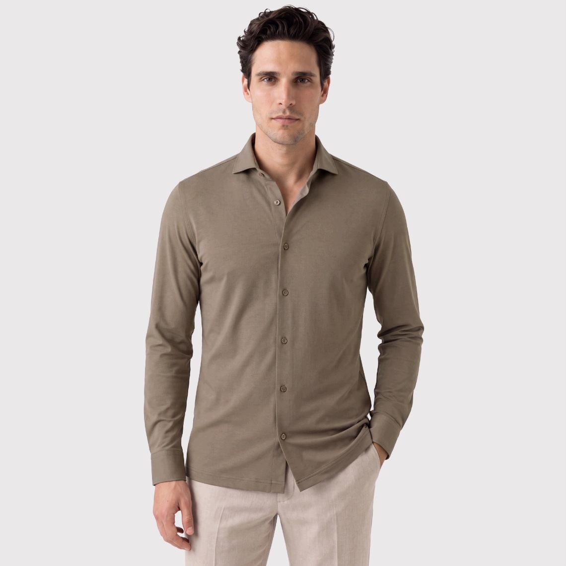 Tmavě béžová pletená pánská košile Slim Fit Pako Lorente vel