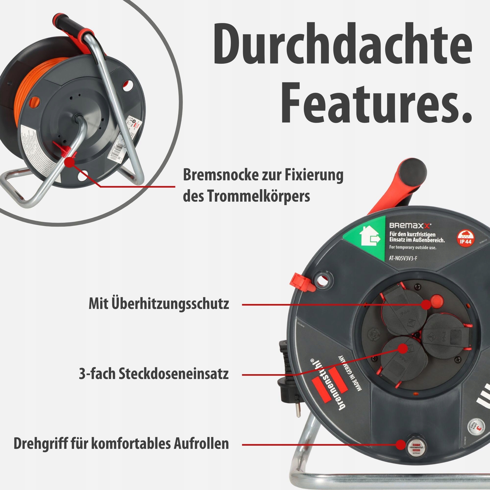 BRENNENSTUHL Kabeltrommel 40m IP44 3 Gniazda Ochrona Przed Przegrzaniem — miniatura 4
