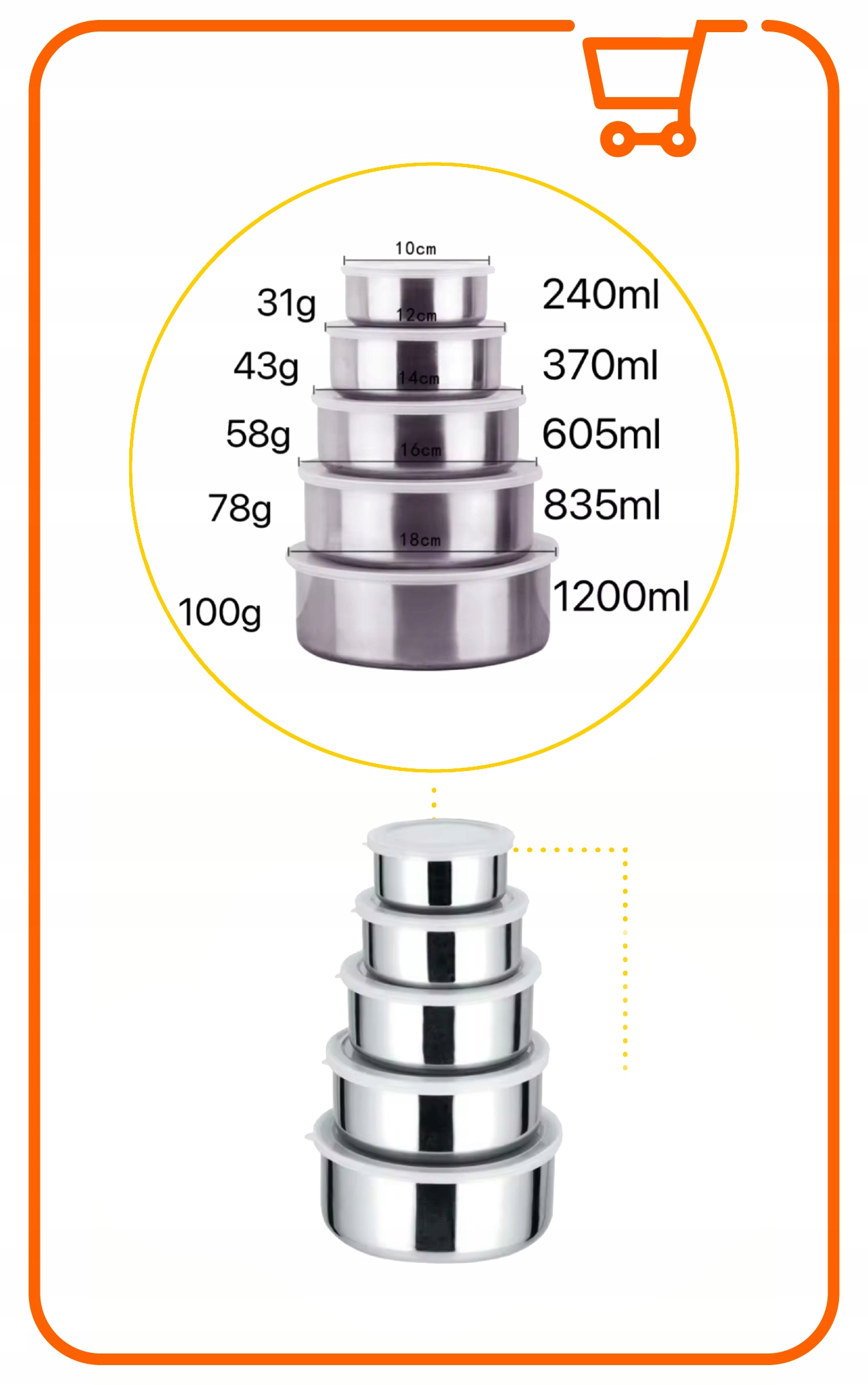 ZESTAW 5 MISEK ZE STALI NIERDZEWNEJ Z POKRYWKAMI DO ŻYWNOŚCI 10-18 CM Marka bez marki