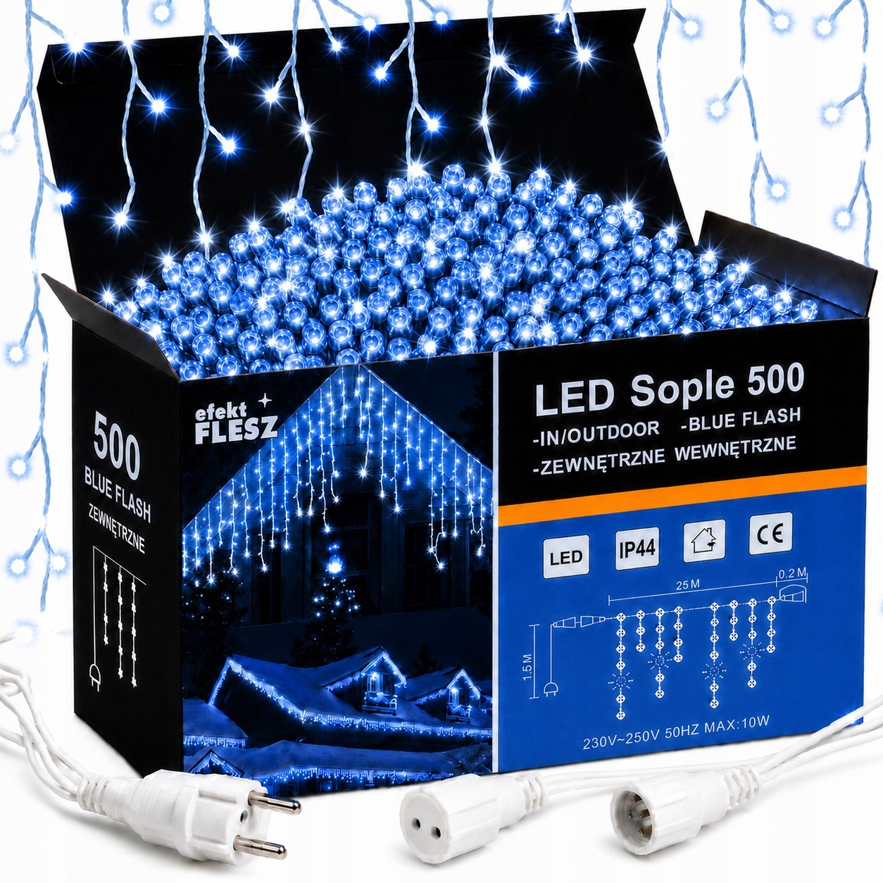 Lampki Zewnętrzne Sople 500 Led 25m Niebieskie Girlanda IP44 Flash