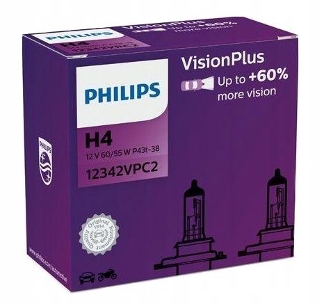 Żarówki Philips H4 12V 60/55W P43t Vision Plus +60% 2 Sztuki Oryginał