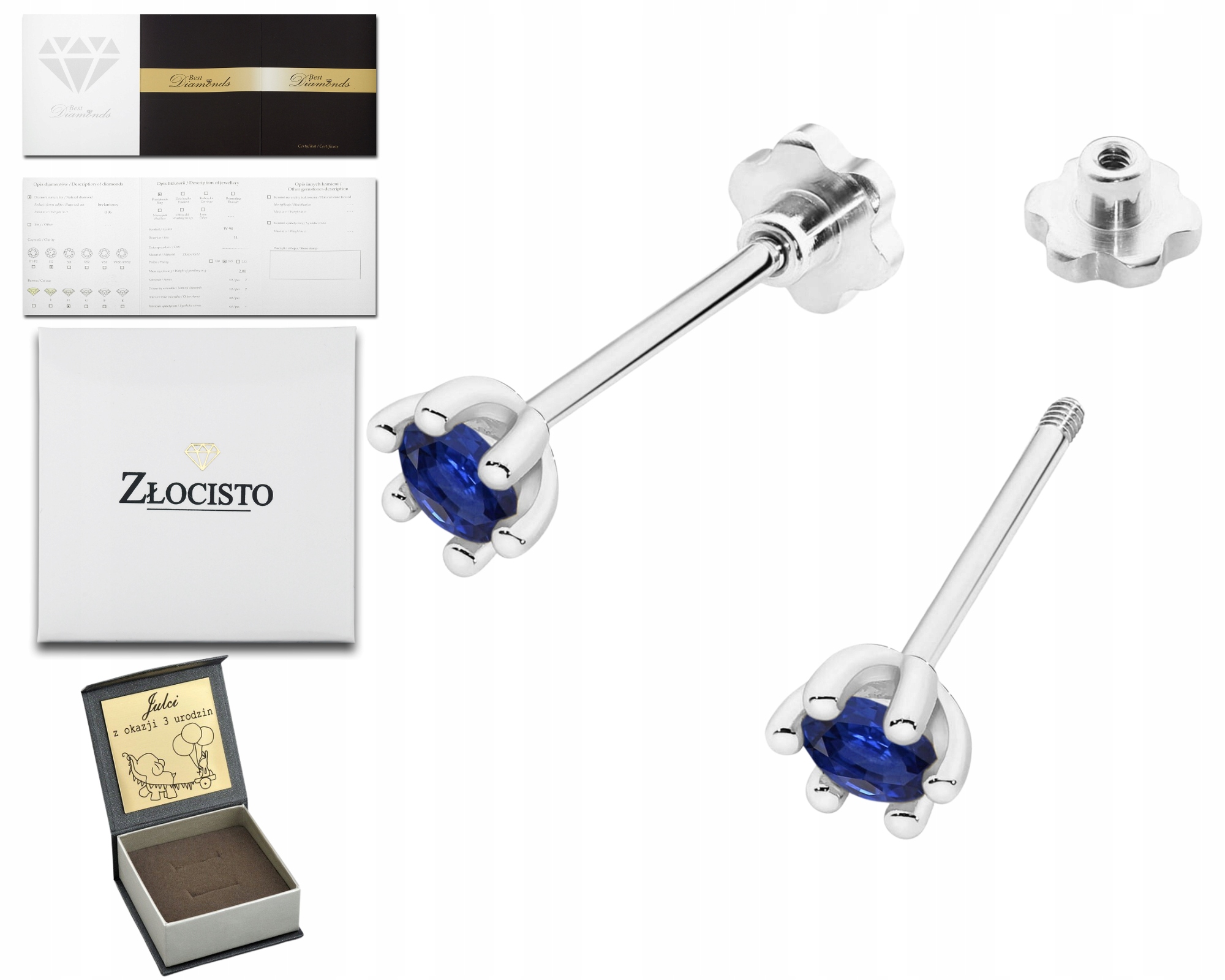 Bílé Zlato Náušnice S Tmavě Modrým Safírem Ryzost 585 14K Šroubovací Tyčinka