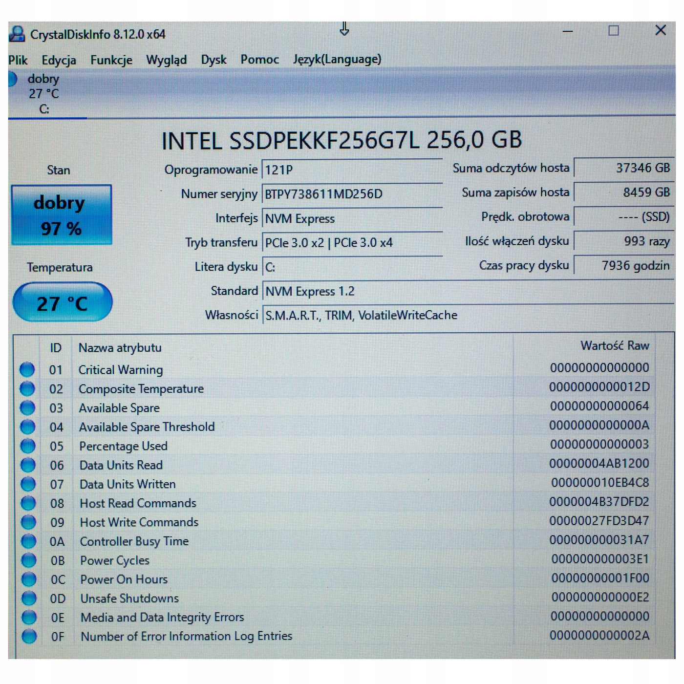 Dysk twardy Intel 256 GB PCIe SSD M2 2280 Pojemność dysku 256GB