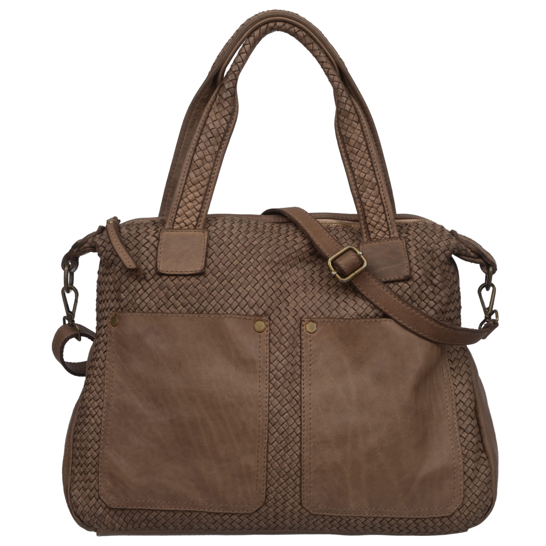 Vera Pelle torebka skórzana shopper vintage pleciona z paskiem Taupe