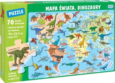 

Puzzle 70 elementów. Mapa świata. Dinozaury