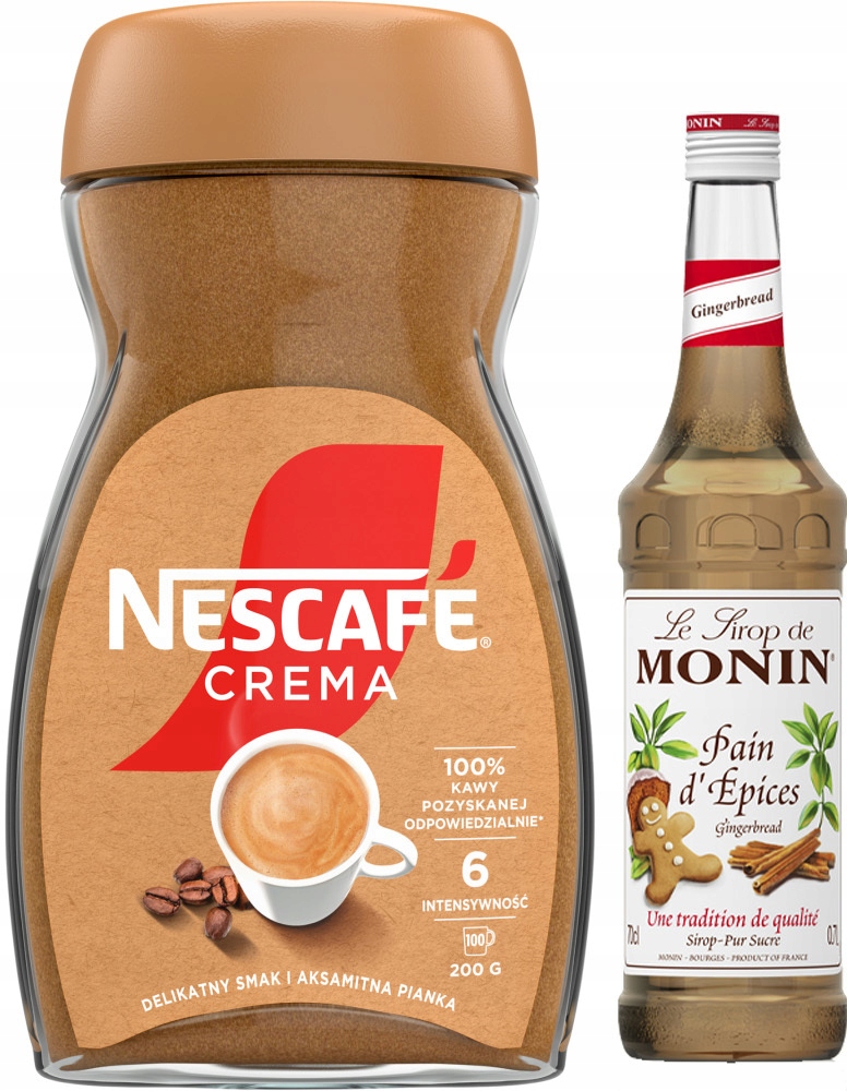 Kawa rozpuszczalna Nescafé Crema, 200g Syrop Monin, piernikowy, 700ml