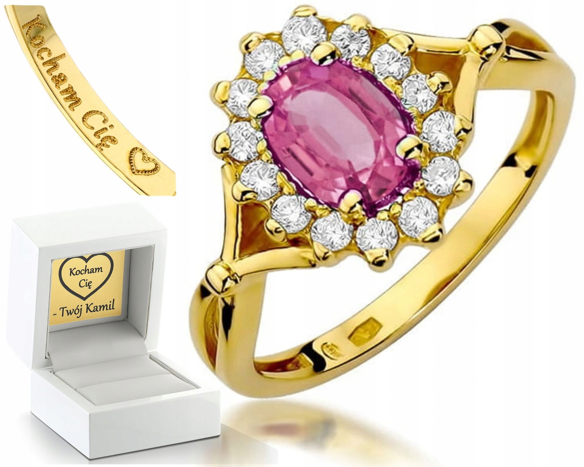 Zlatý Prstýnek Růžový Topaz Žluté Zlato Diamanty Gravírování 585 Dárek