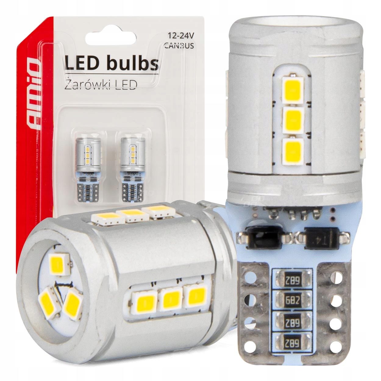 Żarówki Led Canbus T10e W5W 15x2016 Smd White 12V 24V AMIO-03723