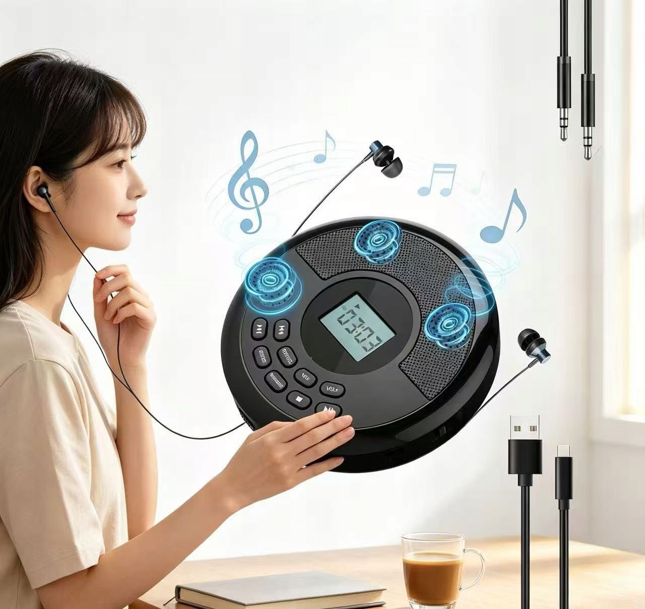 Přenosný CD přehrávač Discman Bluetooth, Aux výstup, hudební přehrávač černý