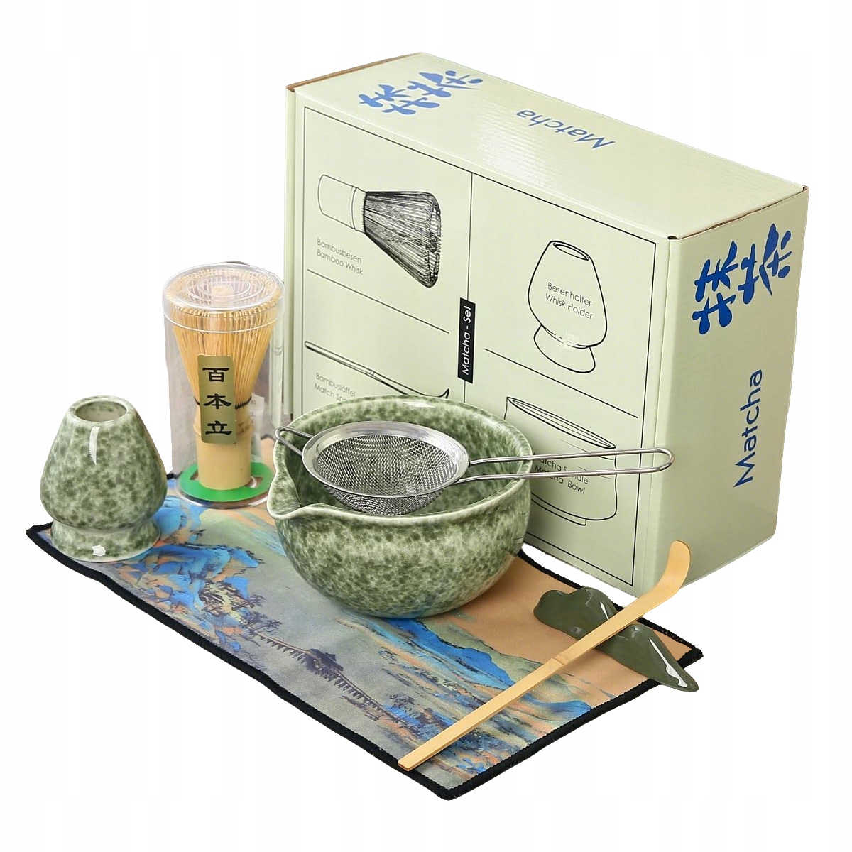 Zelená Sada Na Matcha S Bambusovou Šlehací Metlou, Lžící A Sítkem